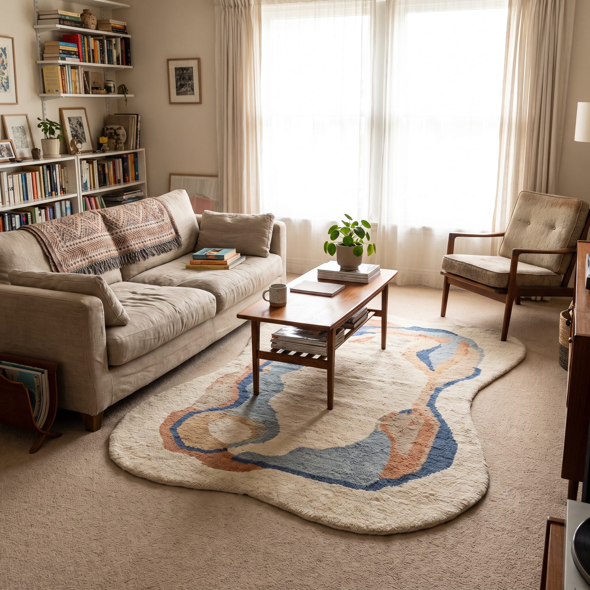 Living room with beige wall-to-wall carpet and a single irregular-edged cowhide rug centered in front of an 84-inch sofa.