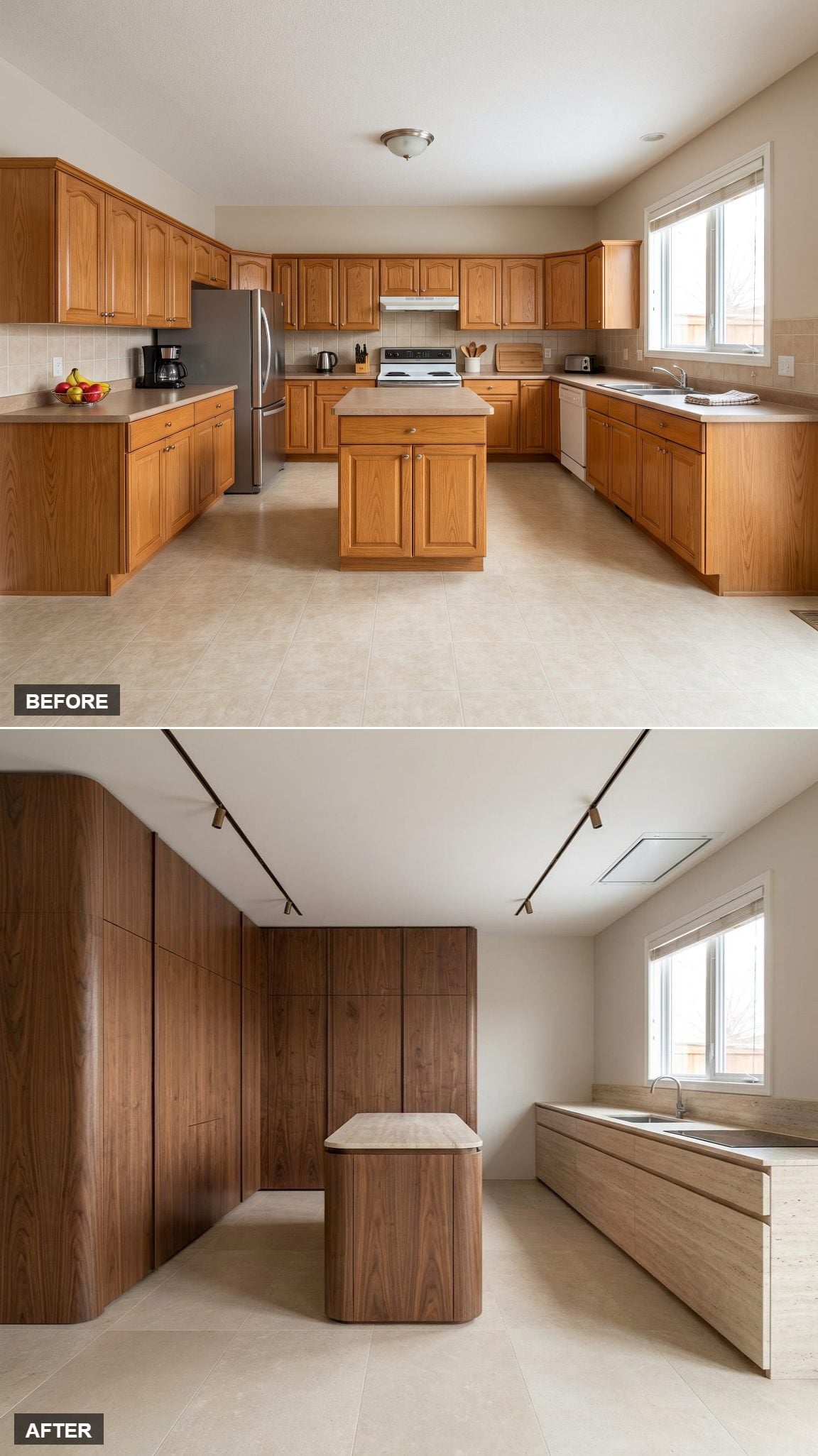 Italian Contemporary Galerie Kitchen with Floor-to-Ceiling Book-Matched Walnut Storage Wall