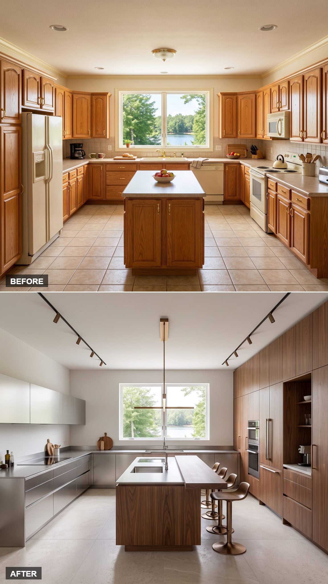 Minimalist Italian-inspired kitchen with walnut slab cabinetry and stainless steel surfaces