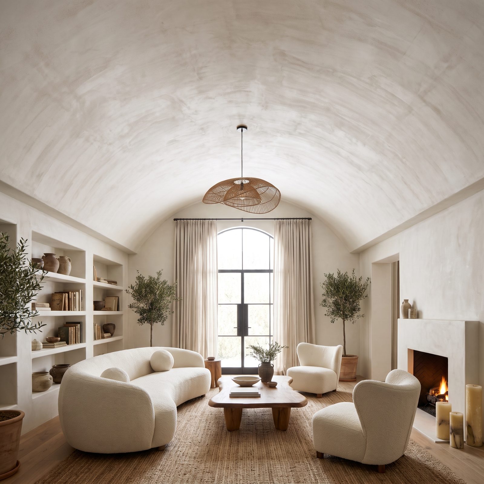 Ivory Bouclé Seating Beneath a Limewashed Barrel Vault