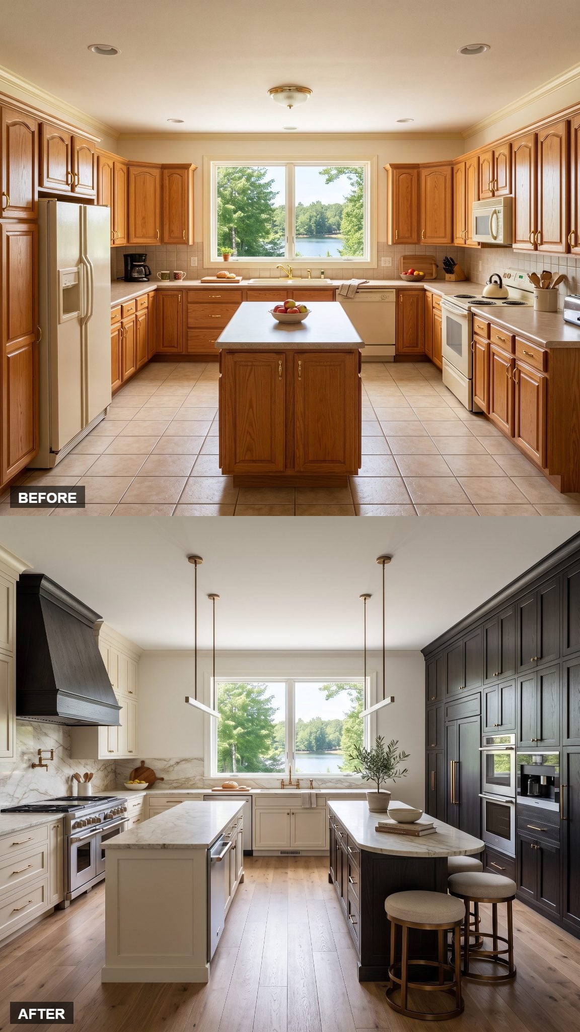 Large contemporary kitchen with ivory cabinetry, ebonized oak and two separate islands