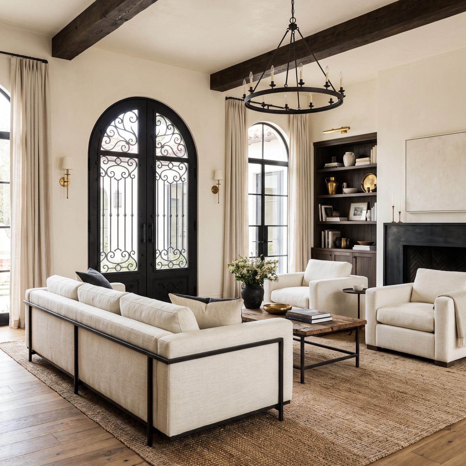 Ivory Sofa with Sculptural Blackened-Iron Mediterranean Doors