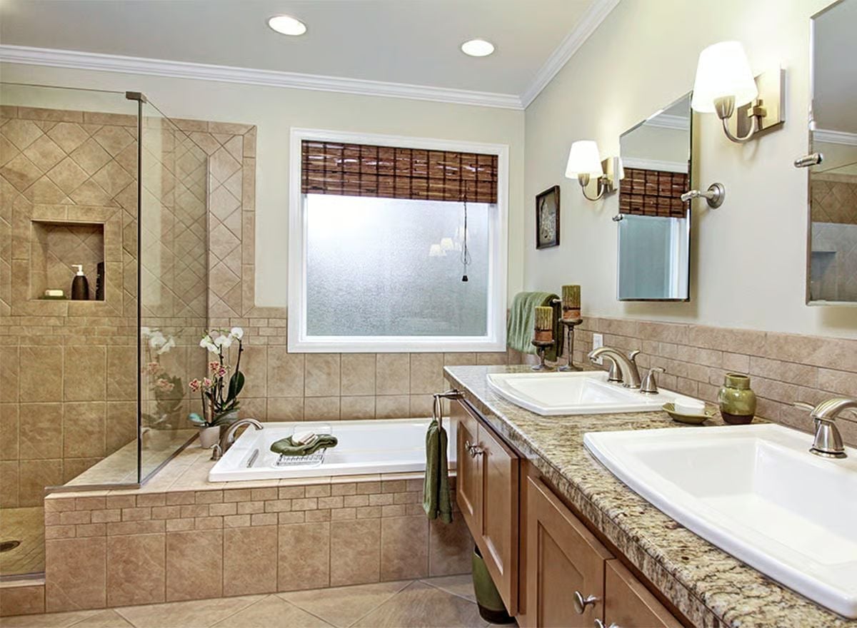 Diagonal Tile, Double Sinks, and a Soaking Tub That Knows Its Place