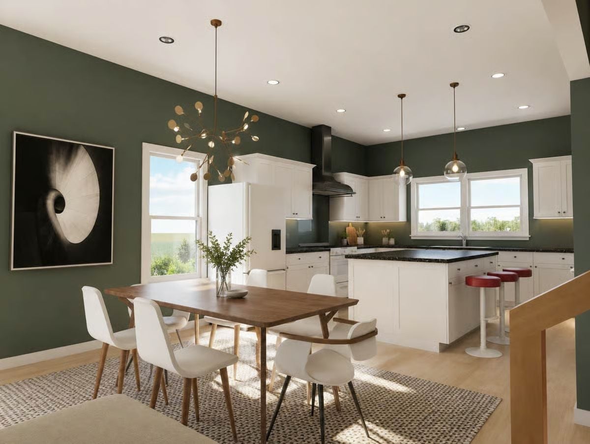 Forest Green Walls and Globe Pendants Make This Kitchen-Dining Combo Feel Intentional