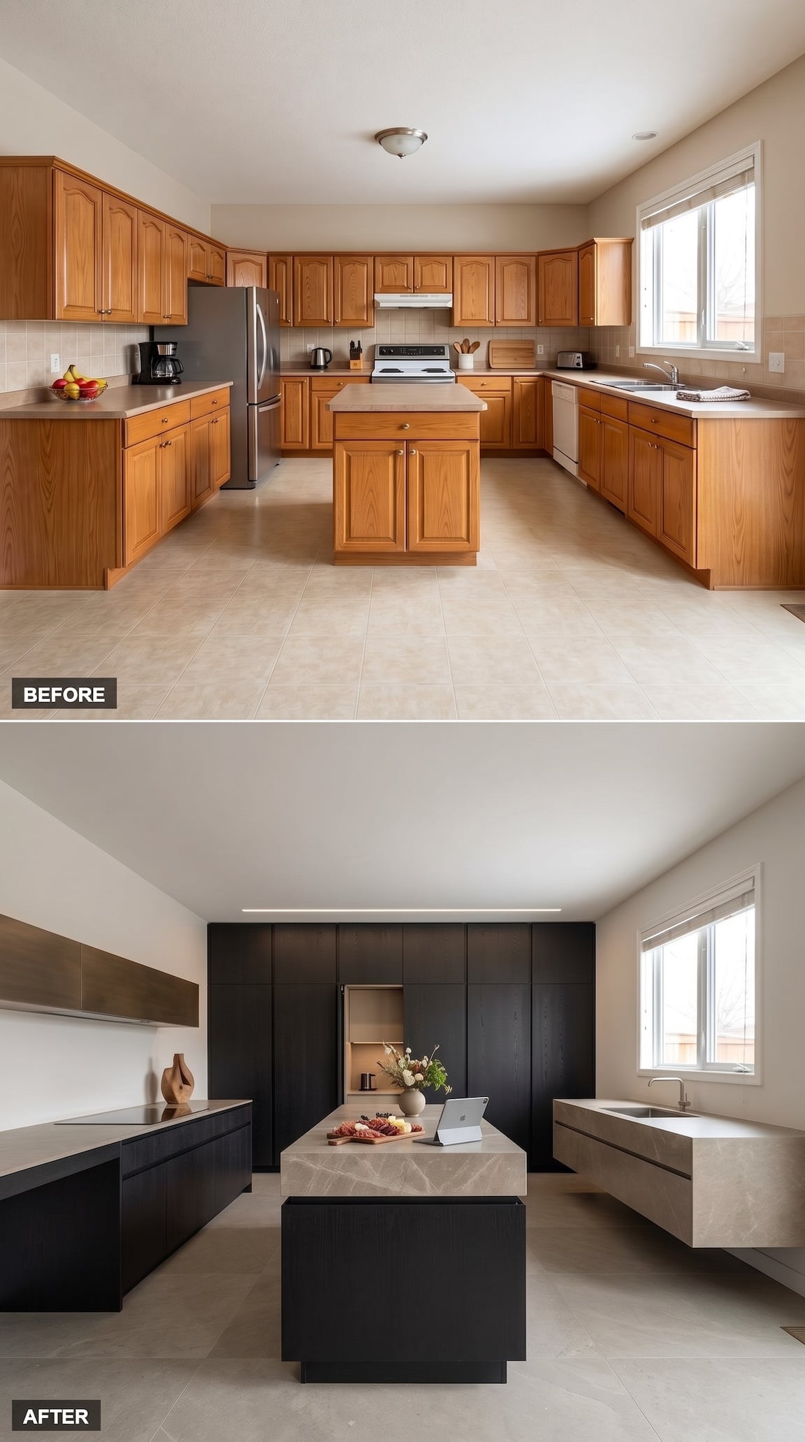 kitchen reno before and after with japanese kitchen aesthetic
