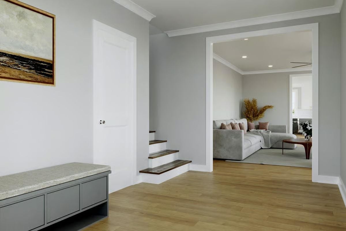 Hardwood Floors, Gray Walls, and a Mudroom Bench Worth Coming Home To