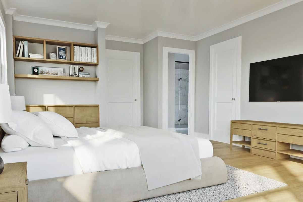 Warm Oak, Crisp Bedding, and Shelves That Actually Get Used