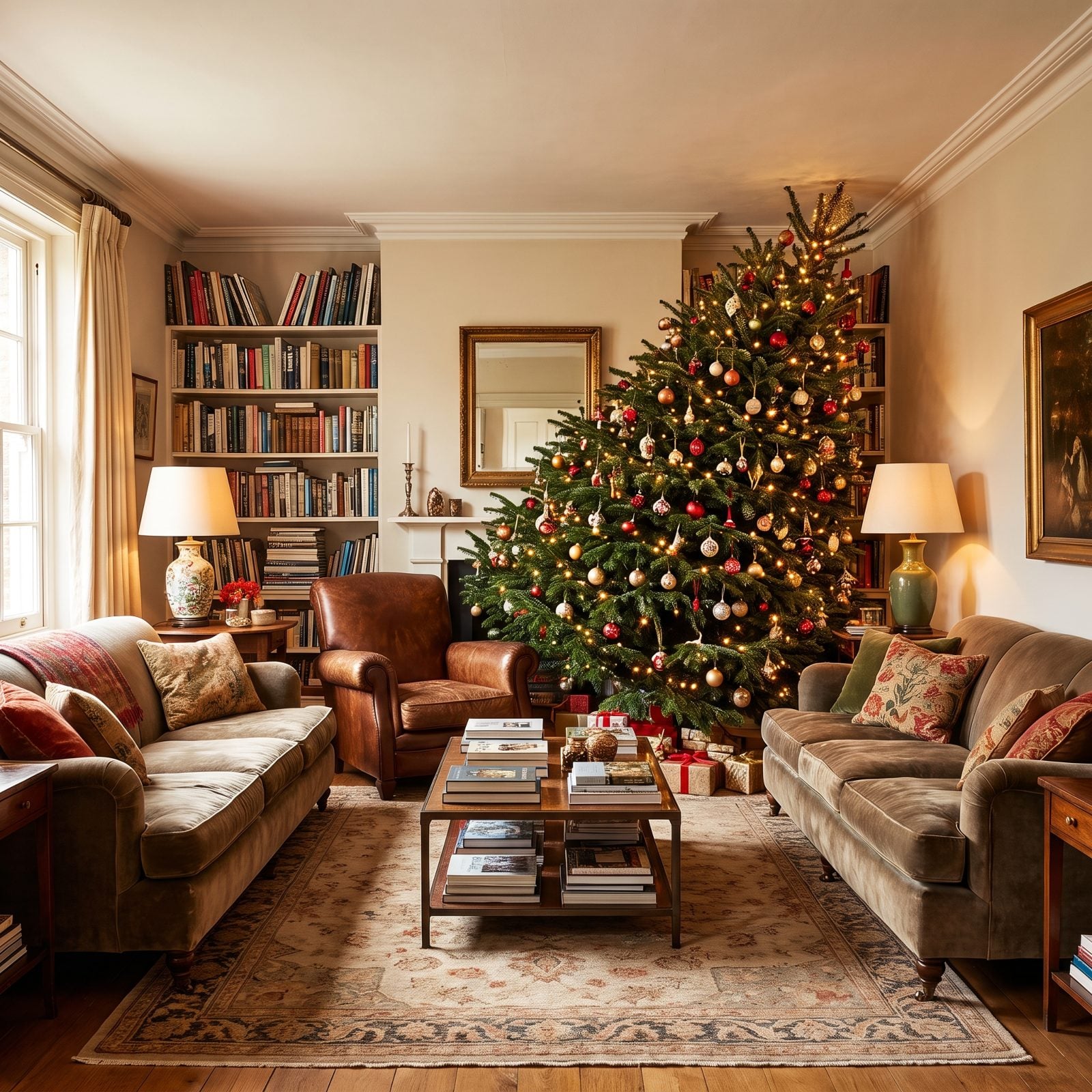 Small traditional living room with a Christmas tree squeezed in beside unchanged armchair, lamp, and sofa, branches touching
