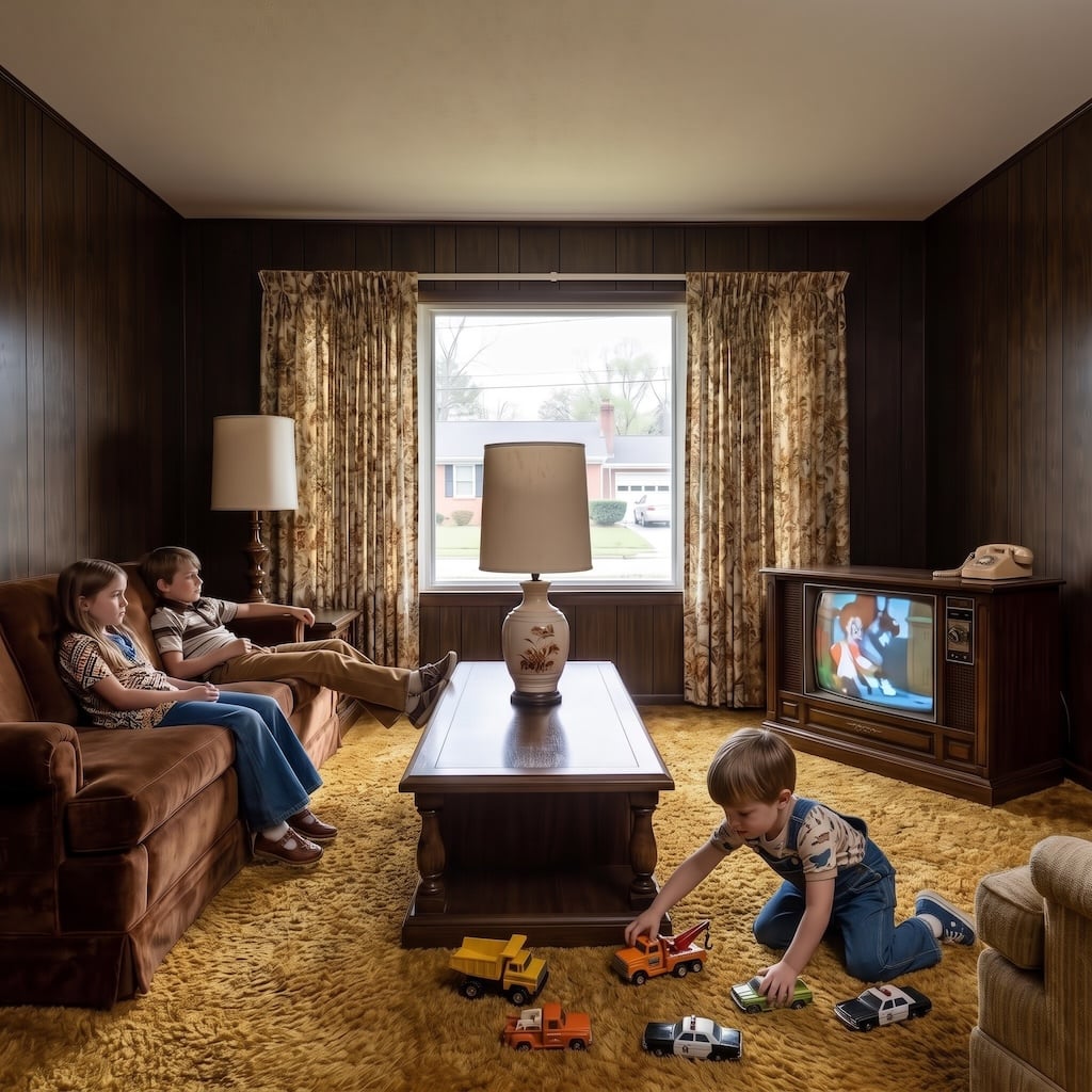 kids in wood panelled room watching tv