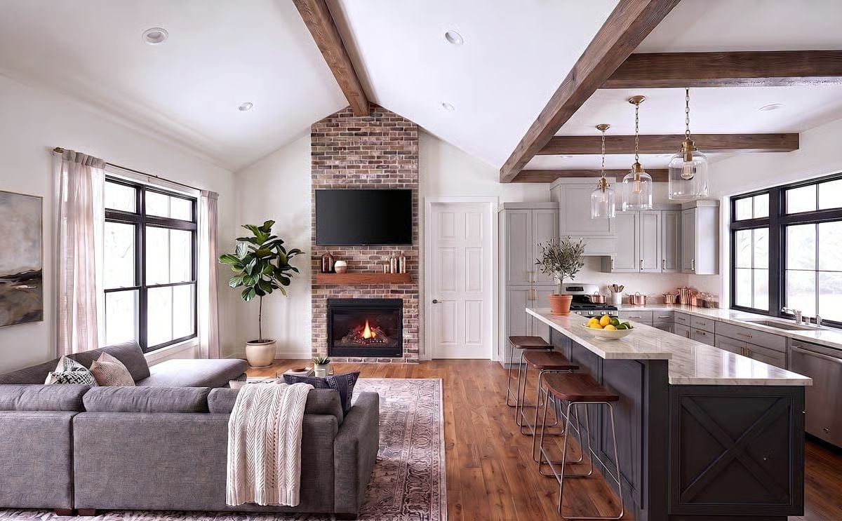 Brick Fireplace Wall, Vaulted Ceiling, Open Kitchen — Farmhouse Done Right