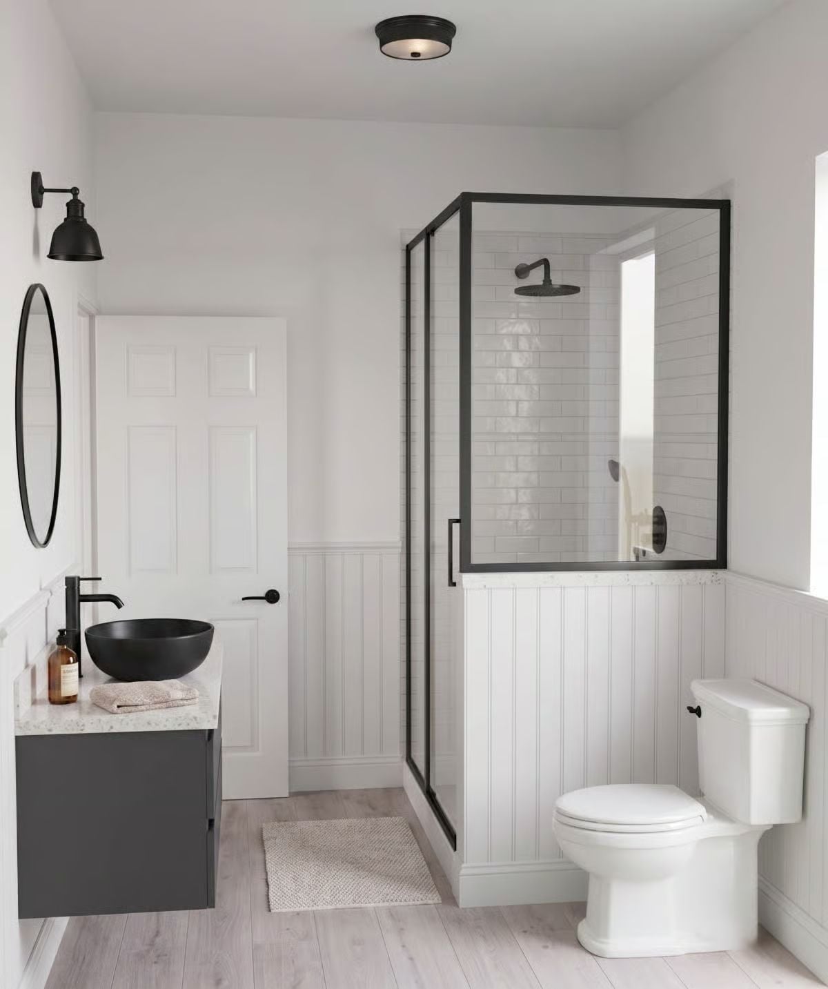 Vessel Sink, Black Frame, Beadboard Wainscoting — Farmhouse Bathroom With Conviction