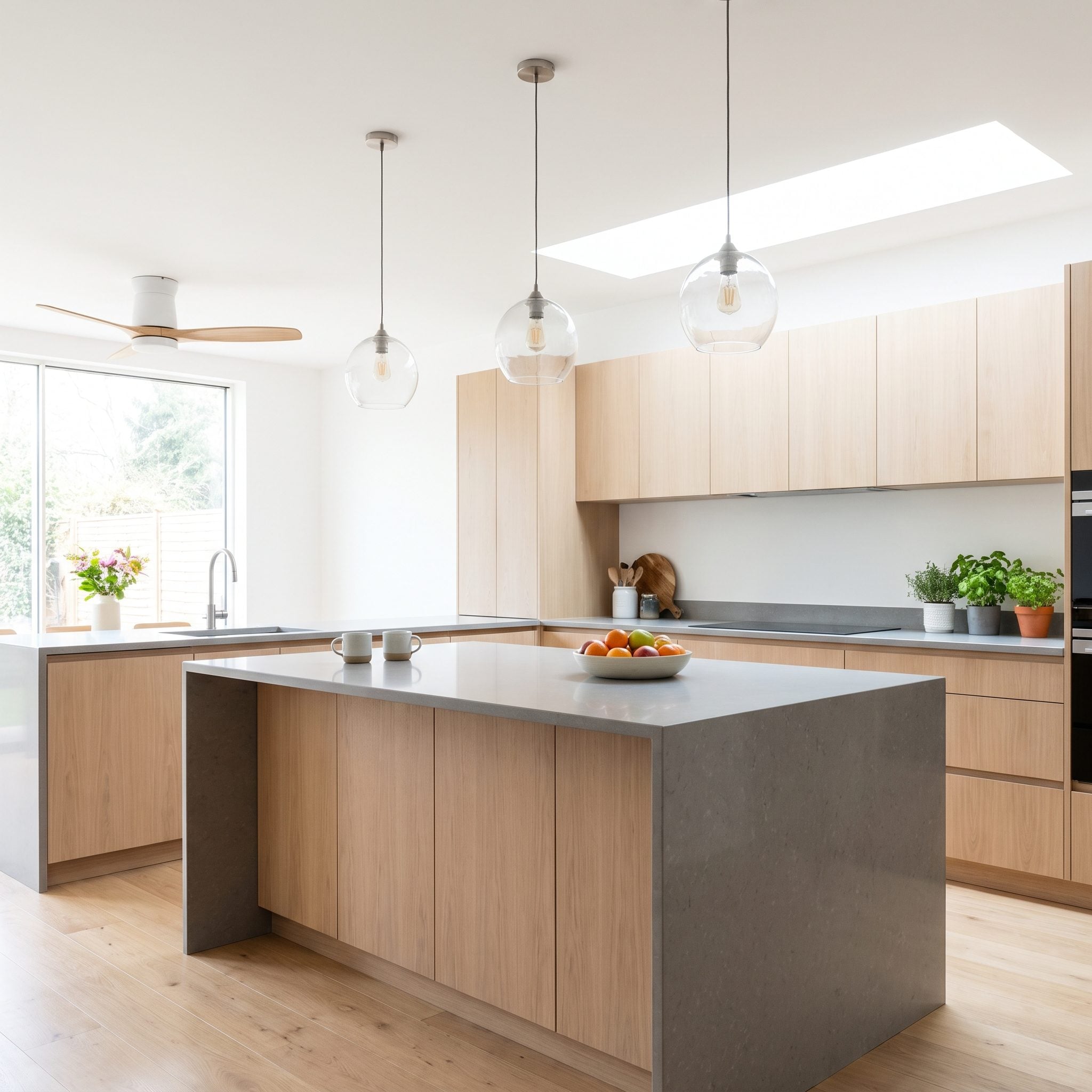 Kitchen with three brass pendants over the island and a matching brass three-blade fan over the breakfast table eight feet