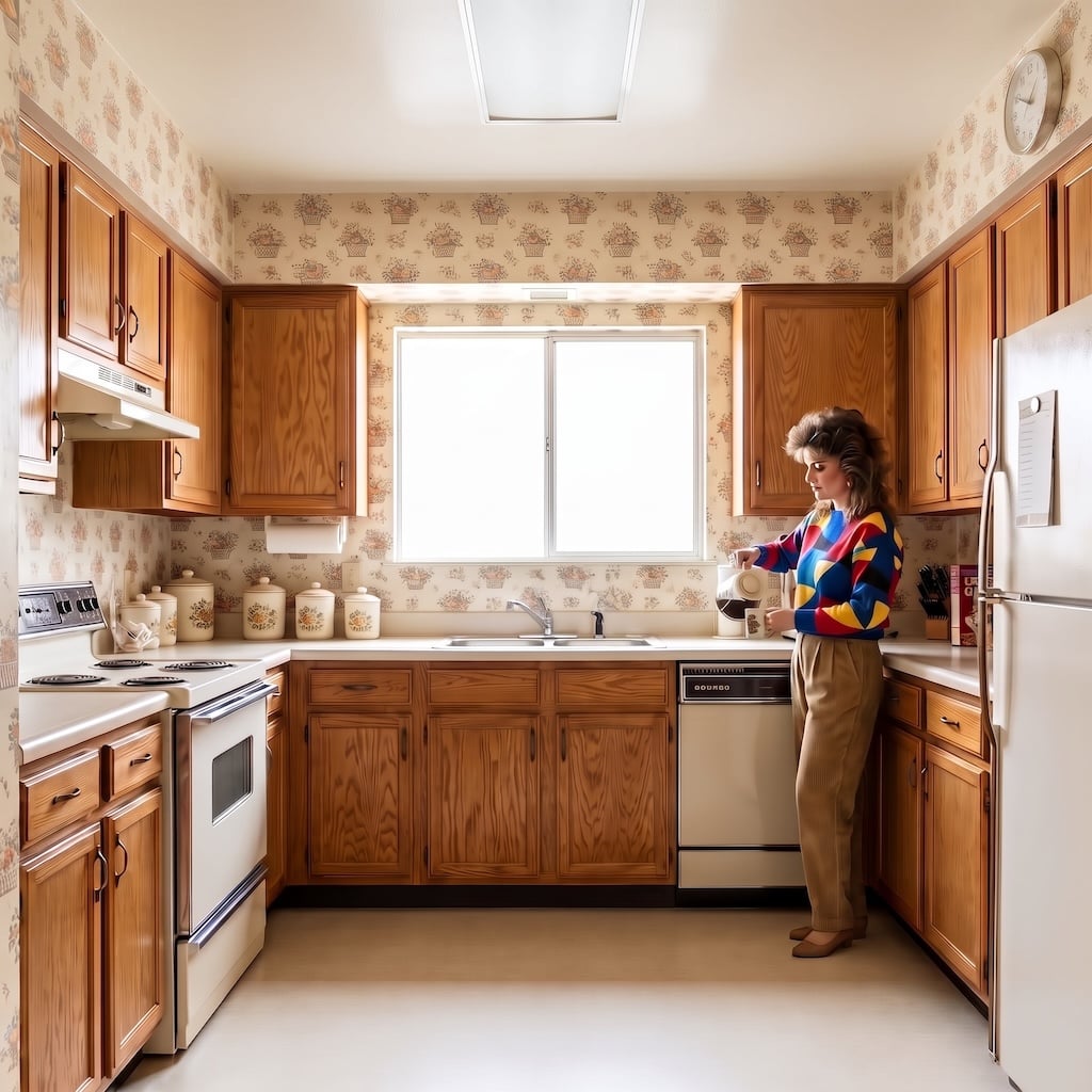 Woman pouring coffee in a wallpapered kitchen
