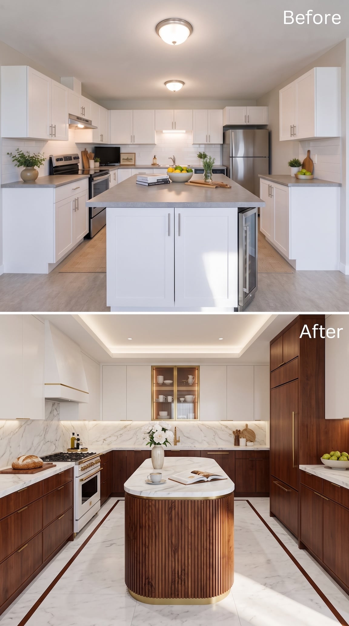 Before and after luxury kitchen with white upper cabinetry, mahogany lower cabinetry, a fluted mahogany island, and brass accents