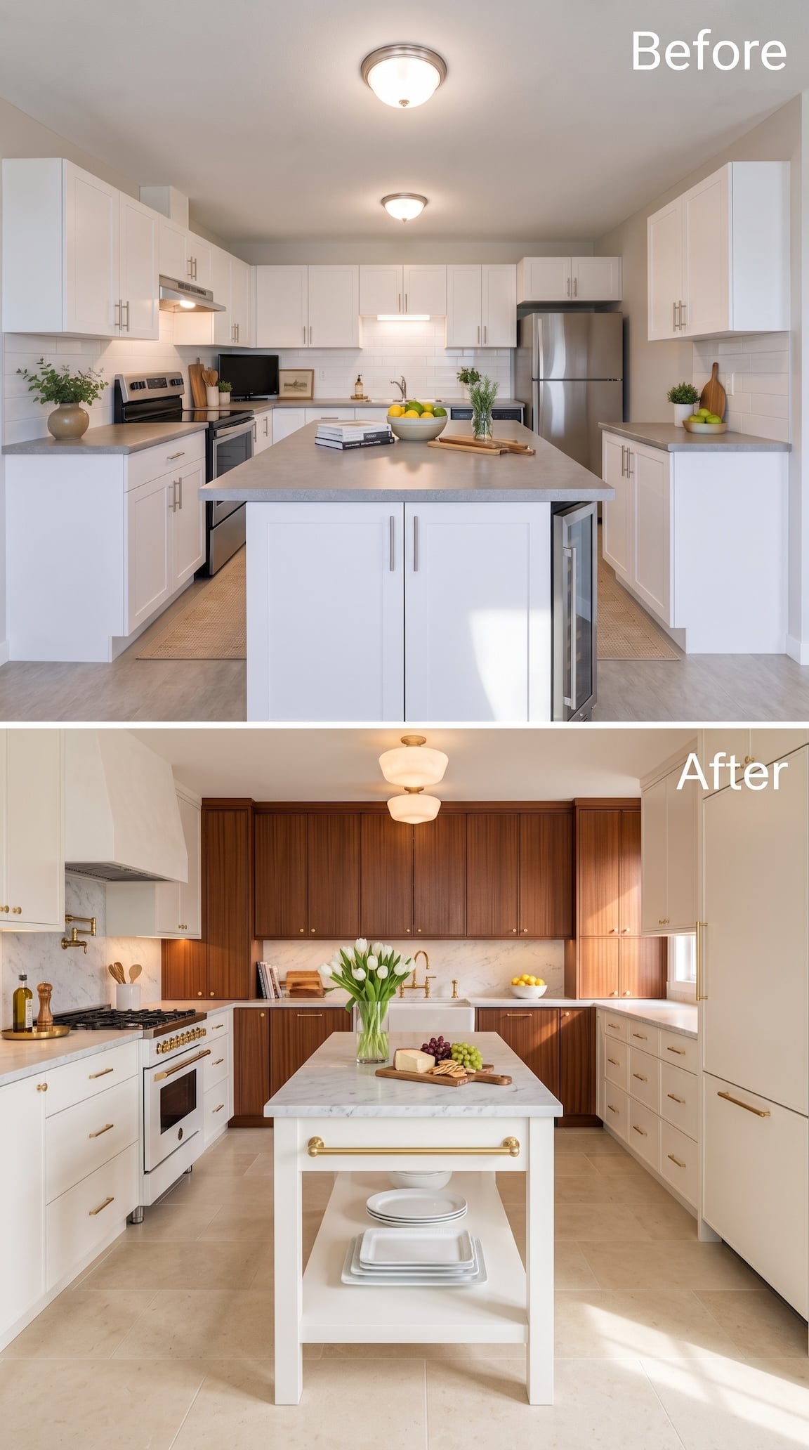 Before and after compact kitchen with floor-to-ceiling mahogany cabinetry, white perimeter cabinets, and an open white island