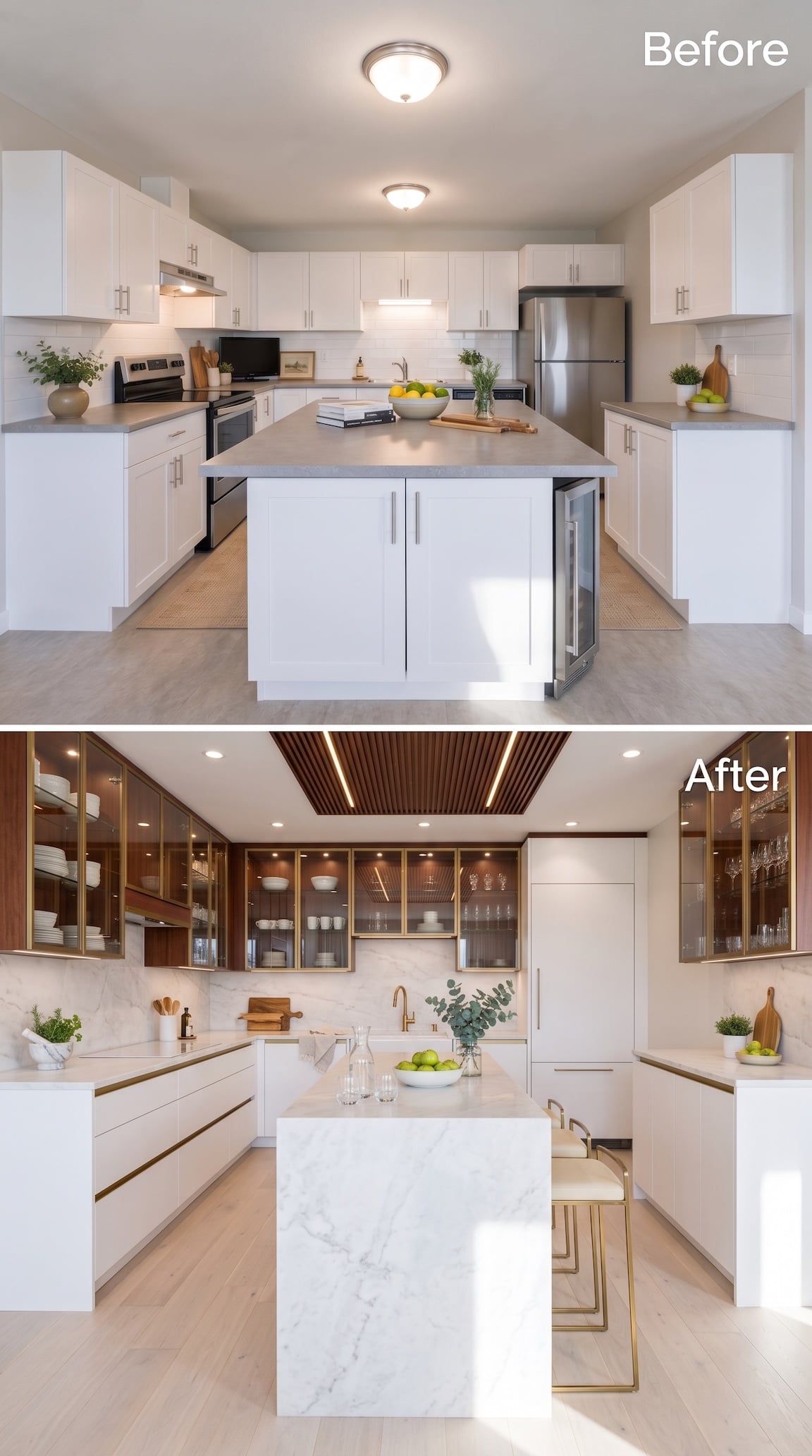 Before and after compact kitchen with brass-framed glass cabinets, mahogany ceiling slats, white cabinetry, and a pale waterfall island