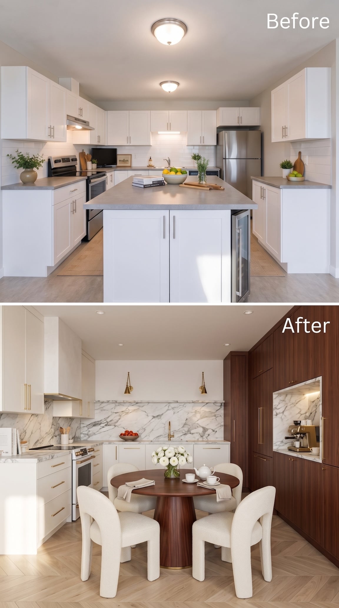Before and after compact kitchen with a round mahogany dining table, white upholstered chairs, and a full mahogany storage wall