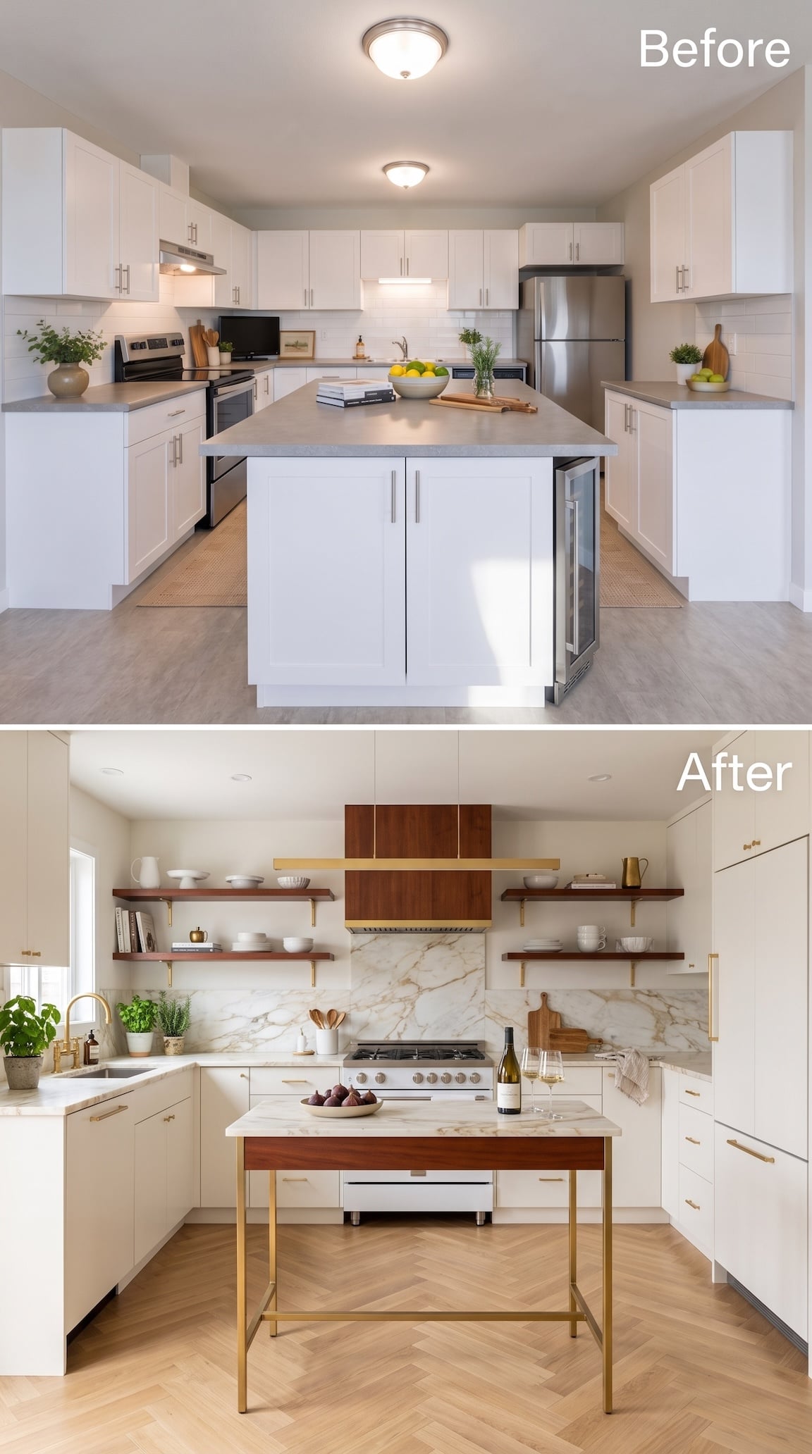 Before and after compact kitchen with mahogany open shelves, a wood-clad range hood, brass details, and a brass-legged table island