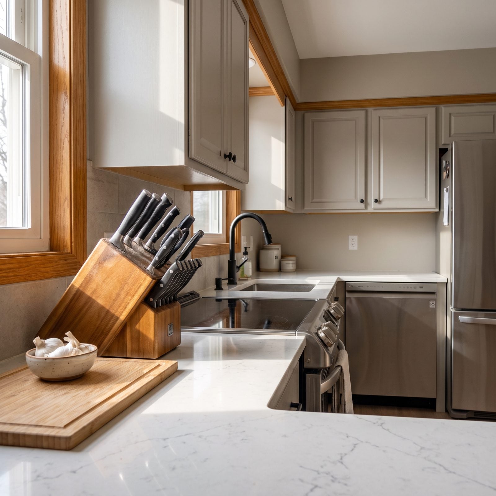 Gray kitchen with a large wooden knife block occupying a corner of prime counter space next to the range.
