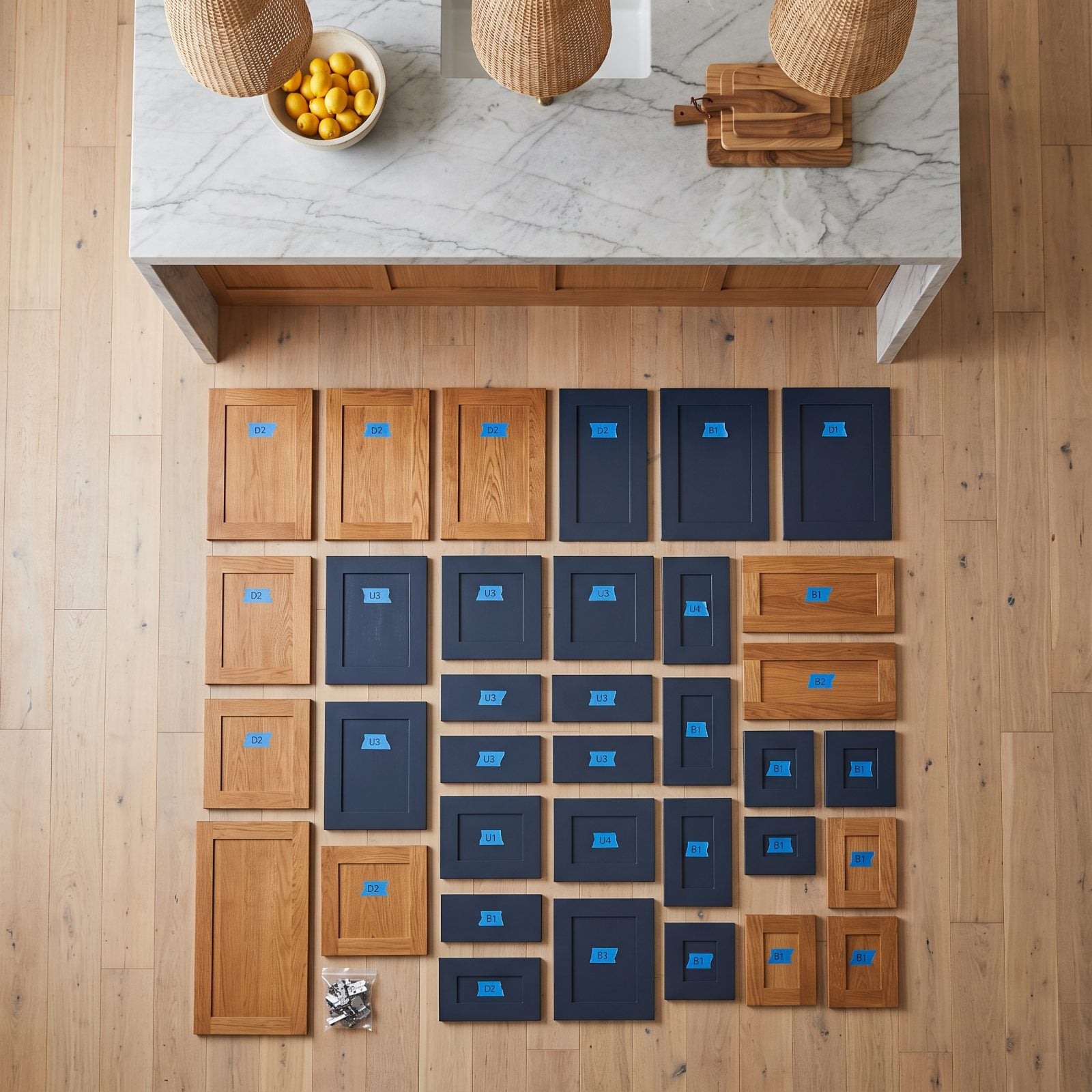 A row of unlabeled white cabinet doors against a garage wall with loose brass hinges and screws jumbled in one box.
