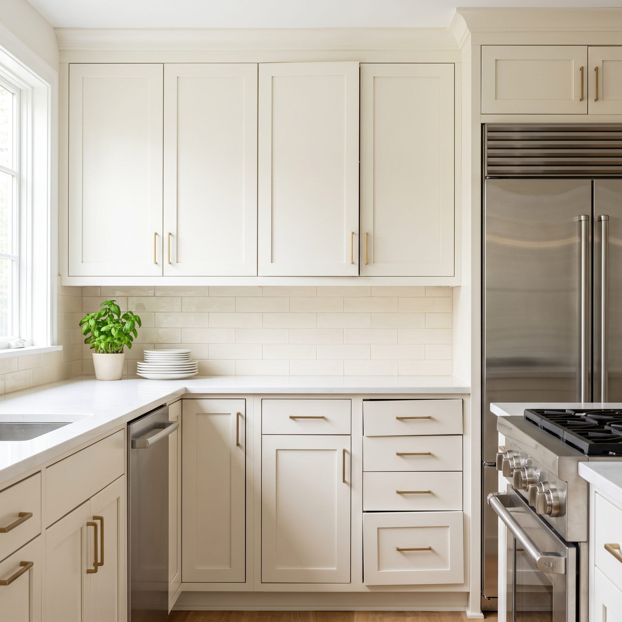 Warm-white kitchen cabinets with doors reinstalled unevenly, mismatched gaps and one door sitting higher than its neighbor.