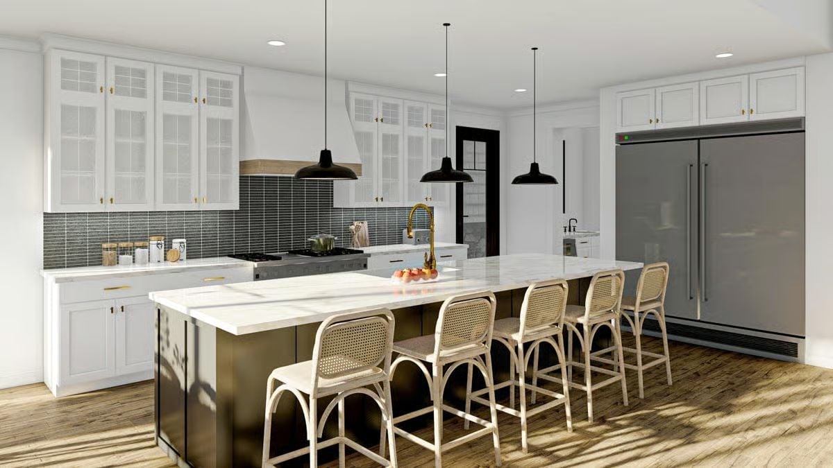 Brass Faucet, Dark Island Base, and Four Rattan Stools Ready for Breakfast