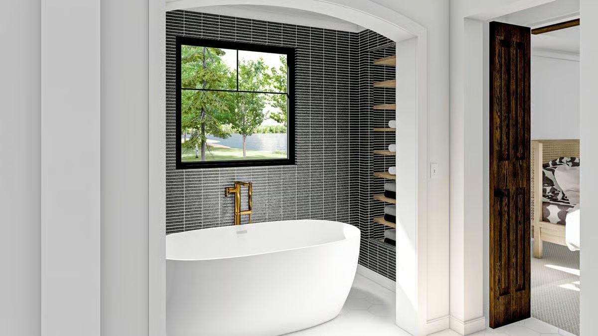 Brass Floor Filler, Black Stacked Tile, and Built-In Shelves That Actually Earn Their Keep