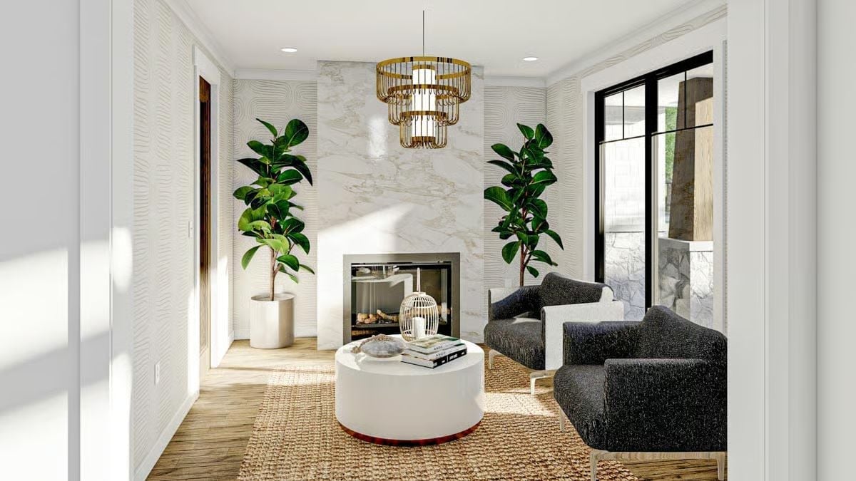 Marble Fireplace Wall, Gold Chandelier, and Two Fiddle-Leaf Figs That Mean Business