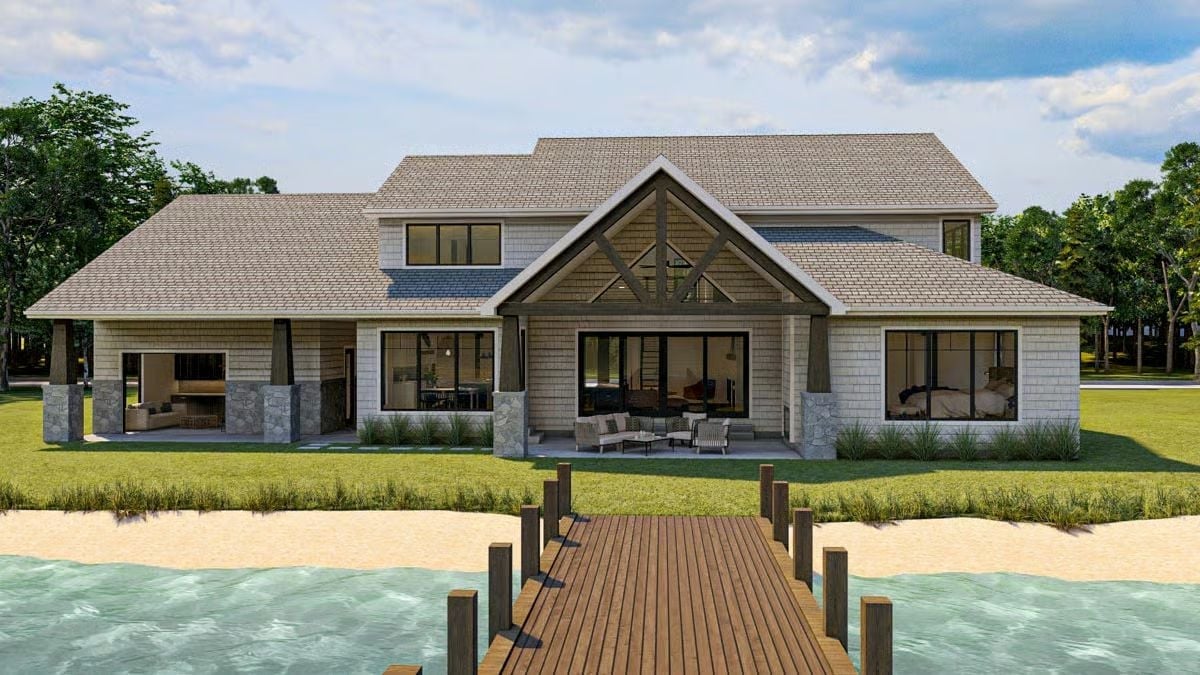 Shingle-Clad Waterfront Rear with Dock Access Built for Lake Life