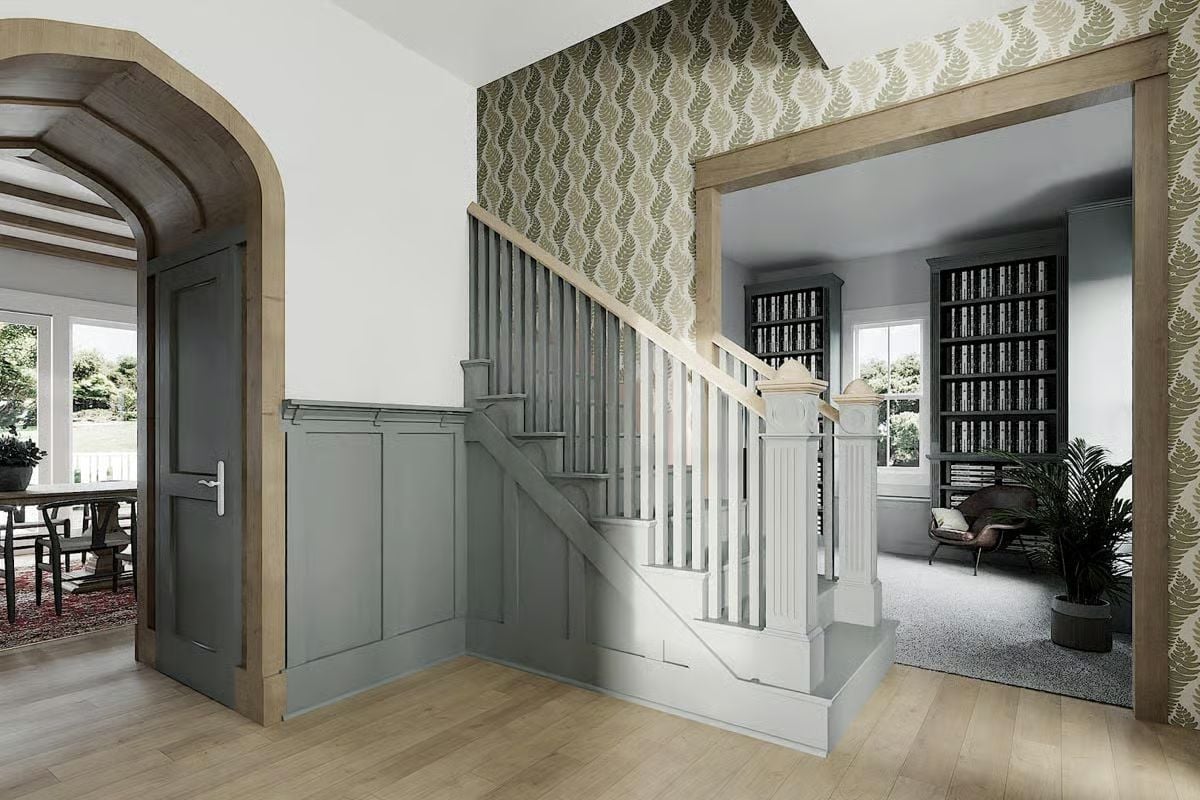Fern Wallpaper, Gray Wainscoting, and a Staircase That Earns Every Inch