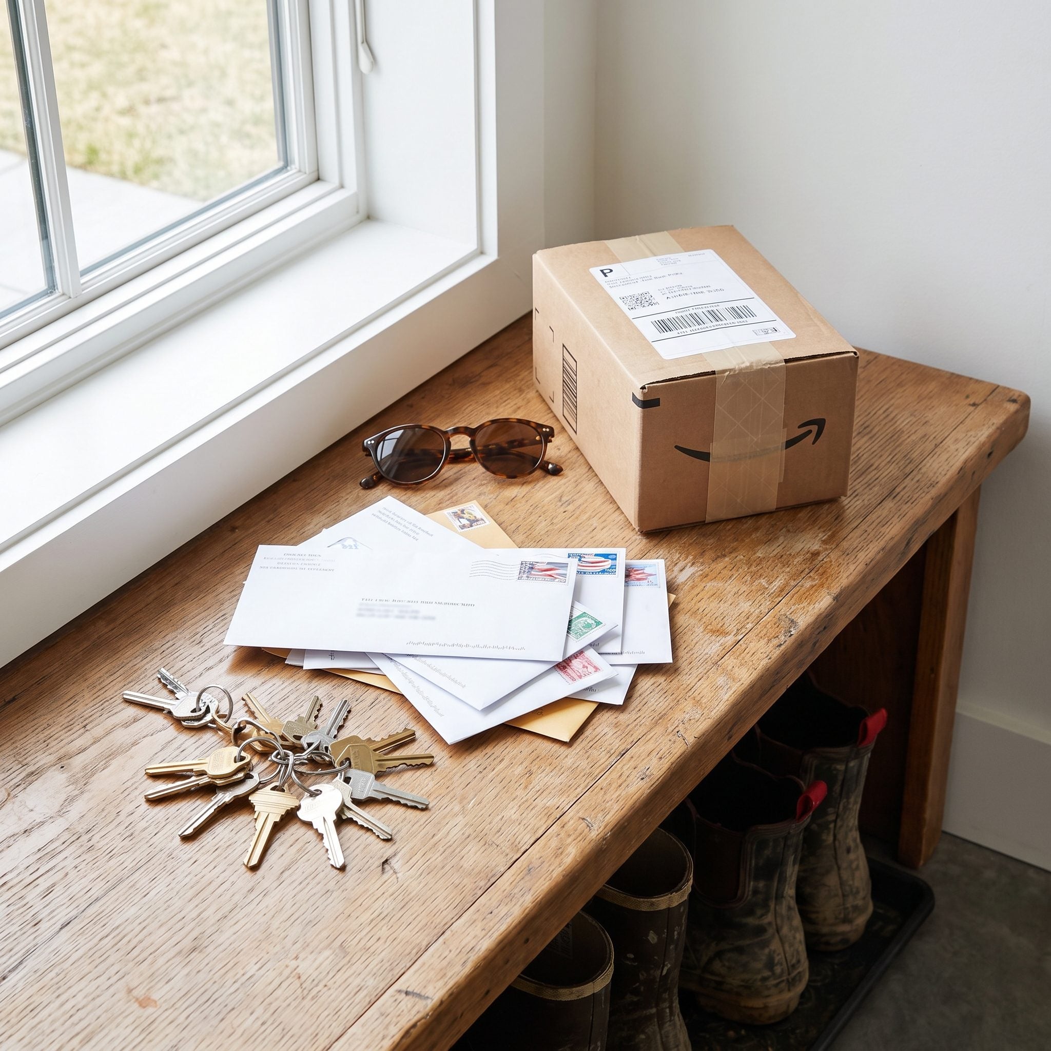Navy locker mudroom where keys, mail, sunglasses, a phone, and a small parcel have collected on one end of the bench for