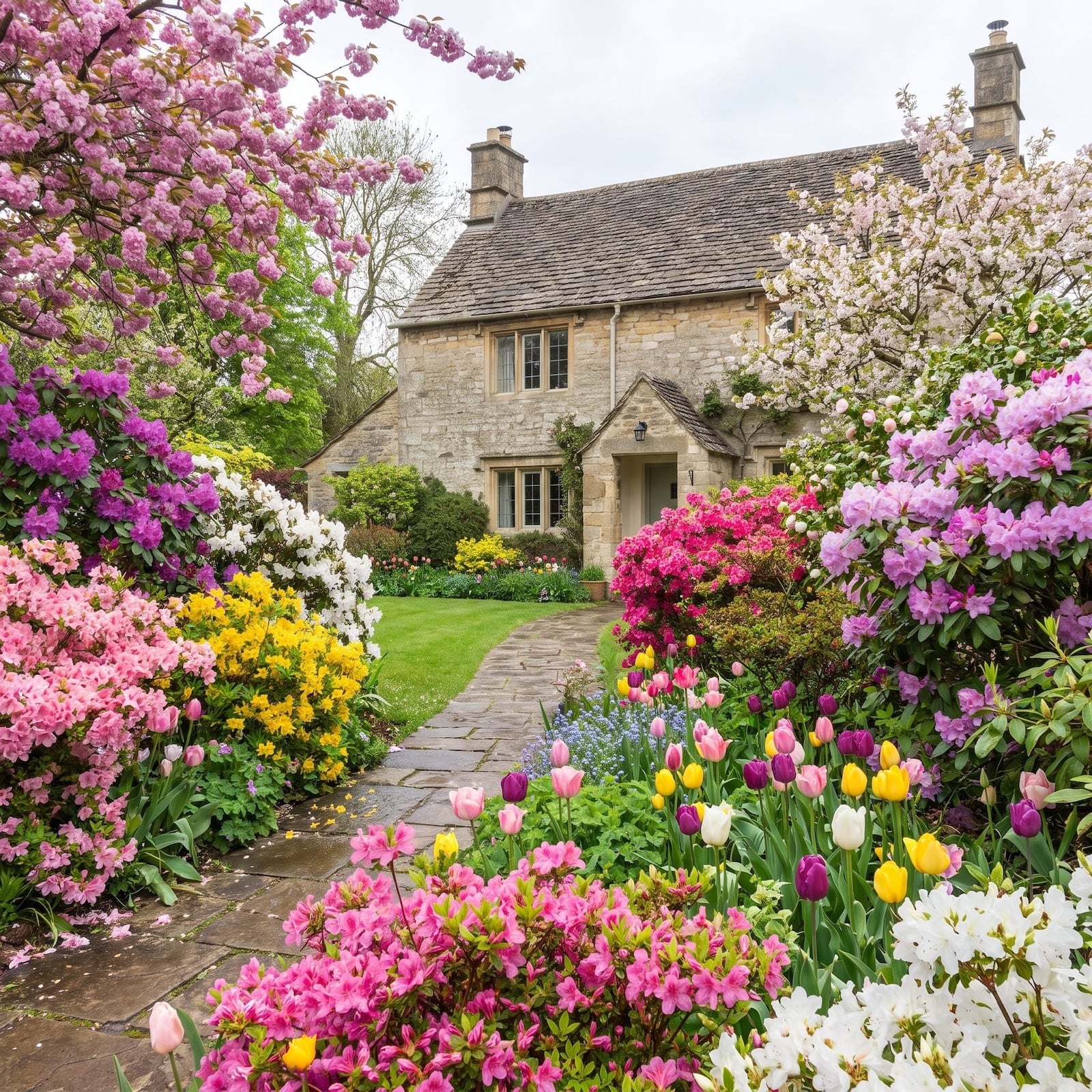 house with front yard garden in full bloom