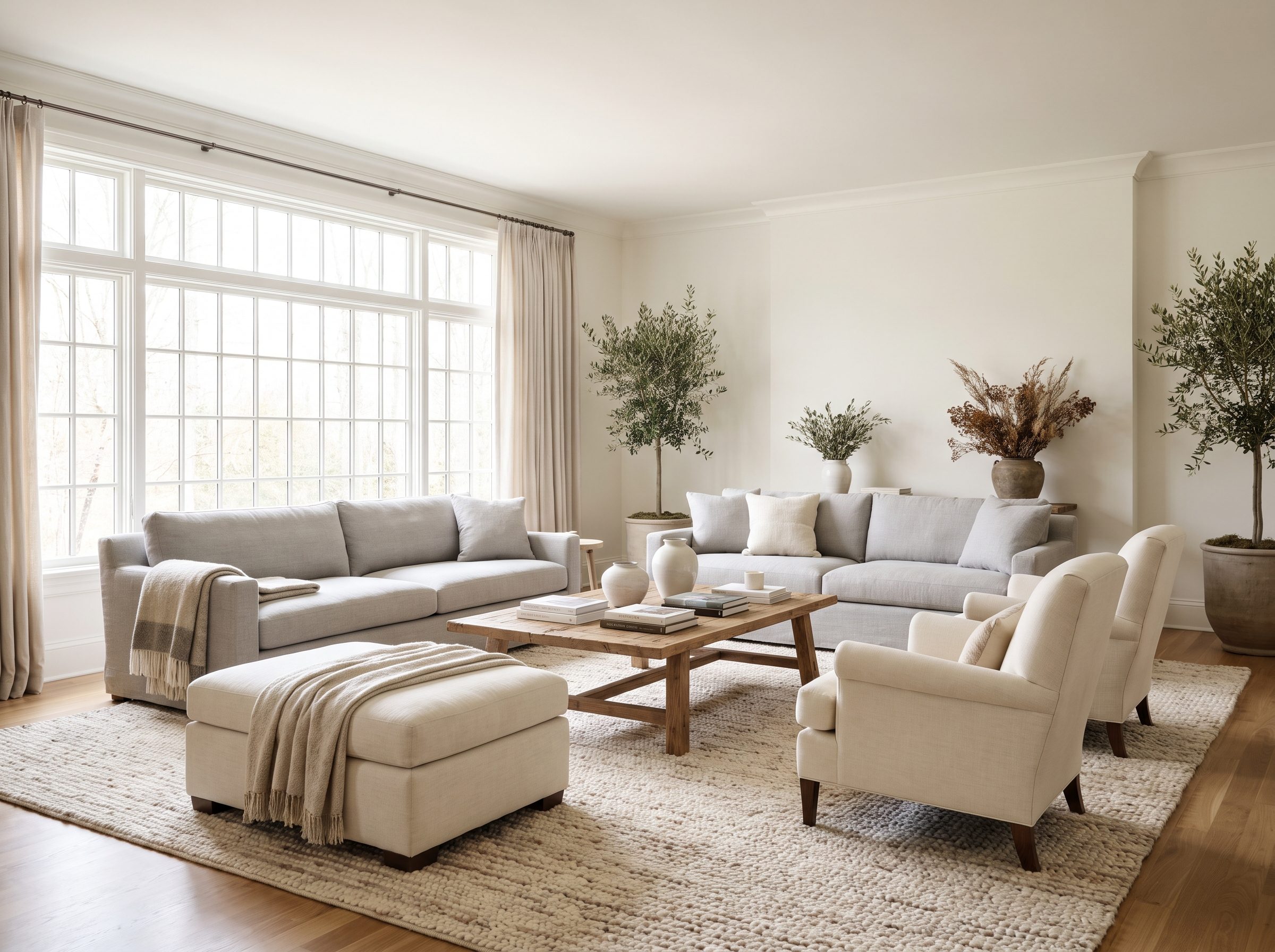 Living room with a nine-by-twelve patterned rug layered over beige wall-to-wall carpet with the front legs of the sofa and chairs on it