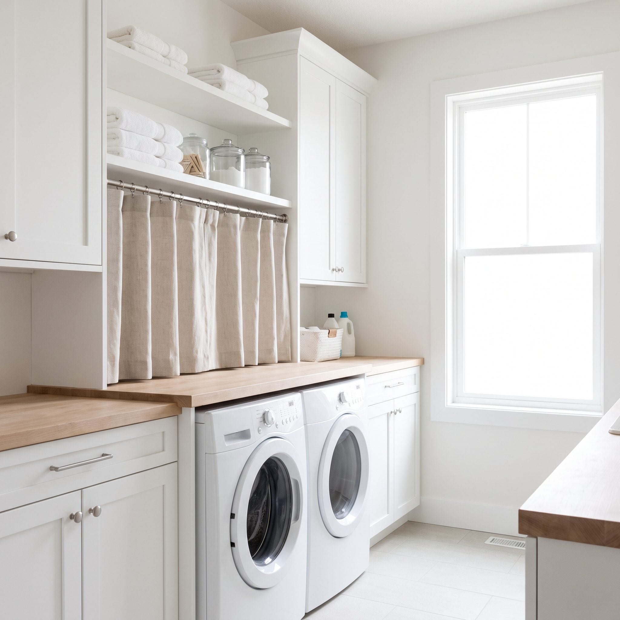 Laundry room with a gingham cafe curtain hemmed at the windowsill above a 36-inch folding counter and stacked washer and