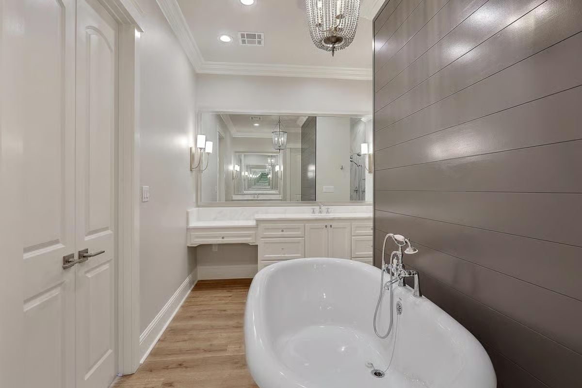 Freestanding Tub Against Shiplap That Actually Earns the Contrast
