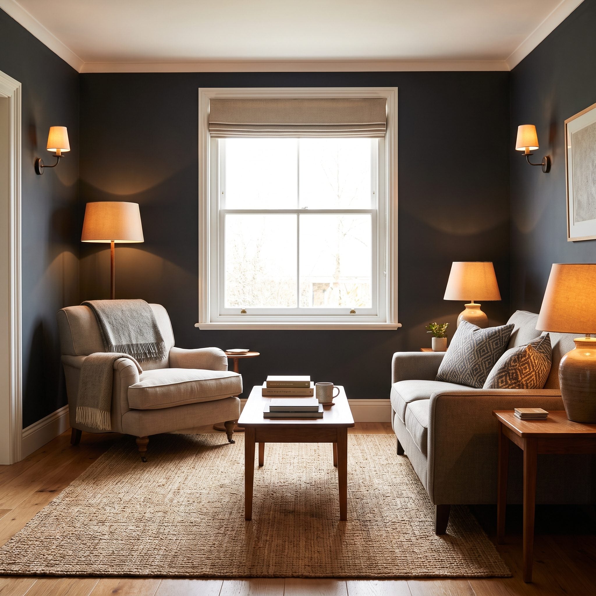 Navy living room illuminated with table lamps, an arc floor lamp, and wall sconces