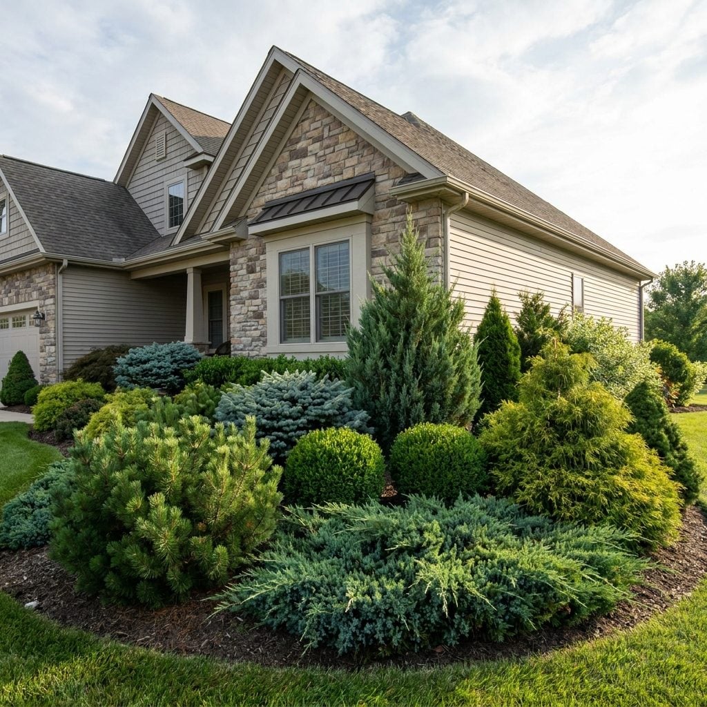 Layered Evergreen Foundation Beds With Year-Round Structure