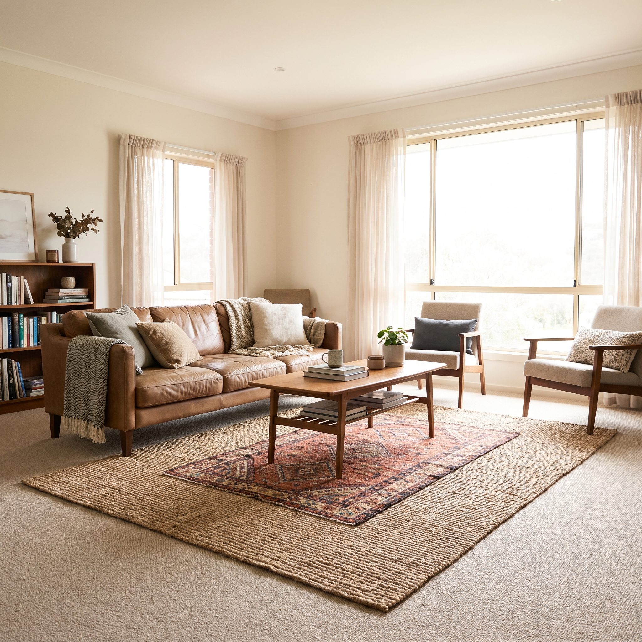 Living room with a six-by-nine flatweave kilim rug layered over beige wall-to-wall carpet in front of a gray sofa