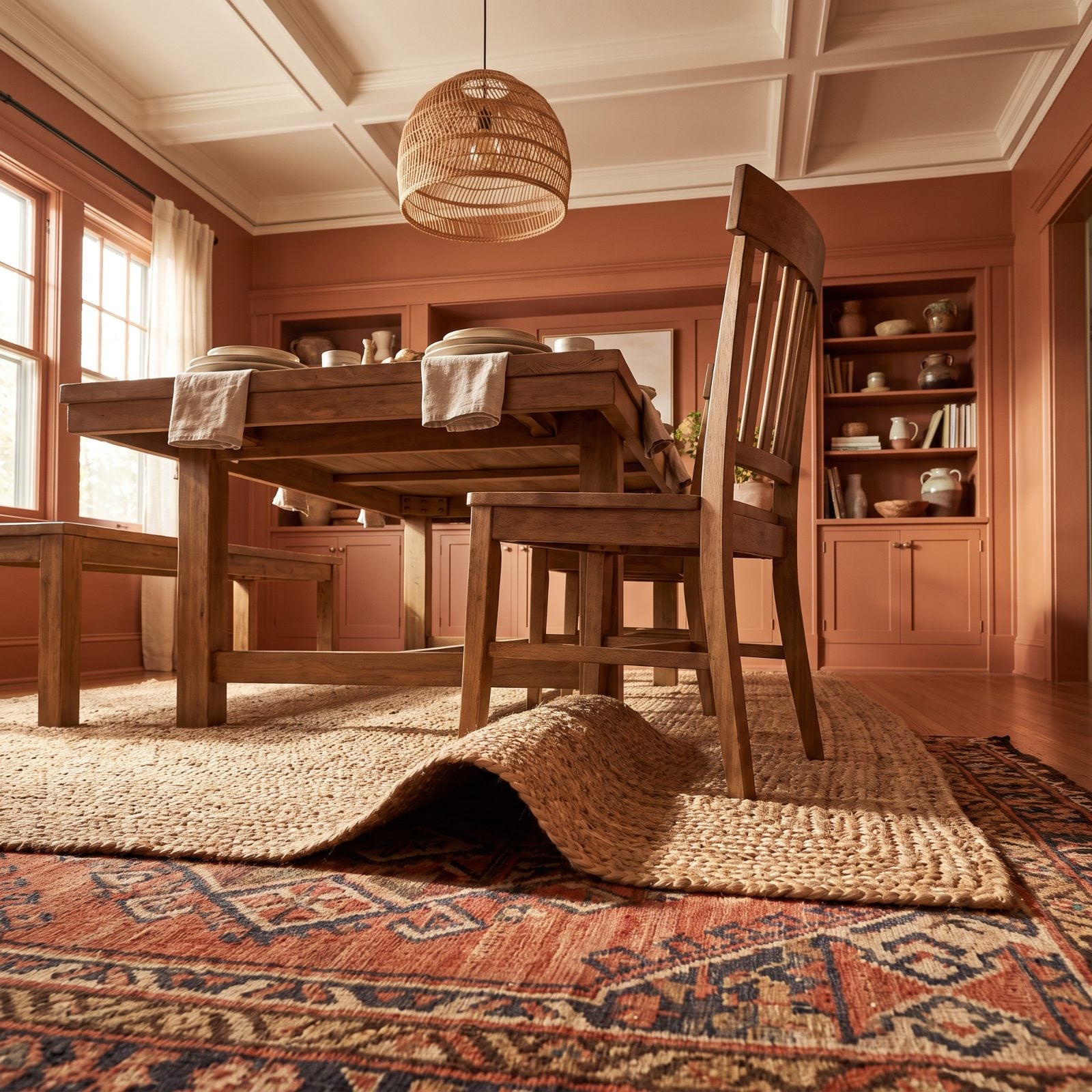 Dining room with two layered rugs where the top rug's edge runs under the front legs of the dining chairs.