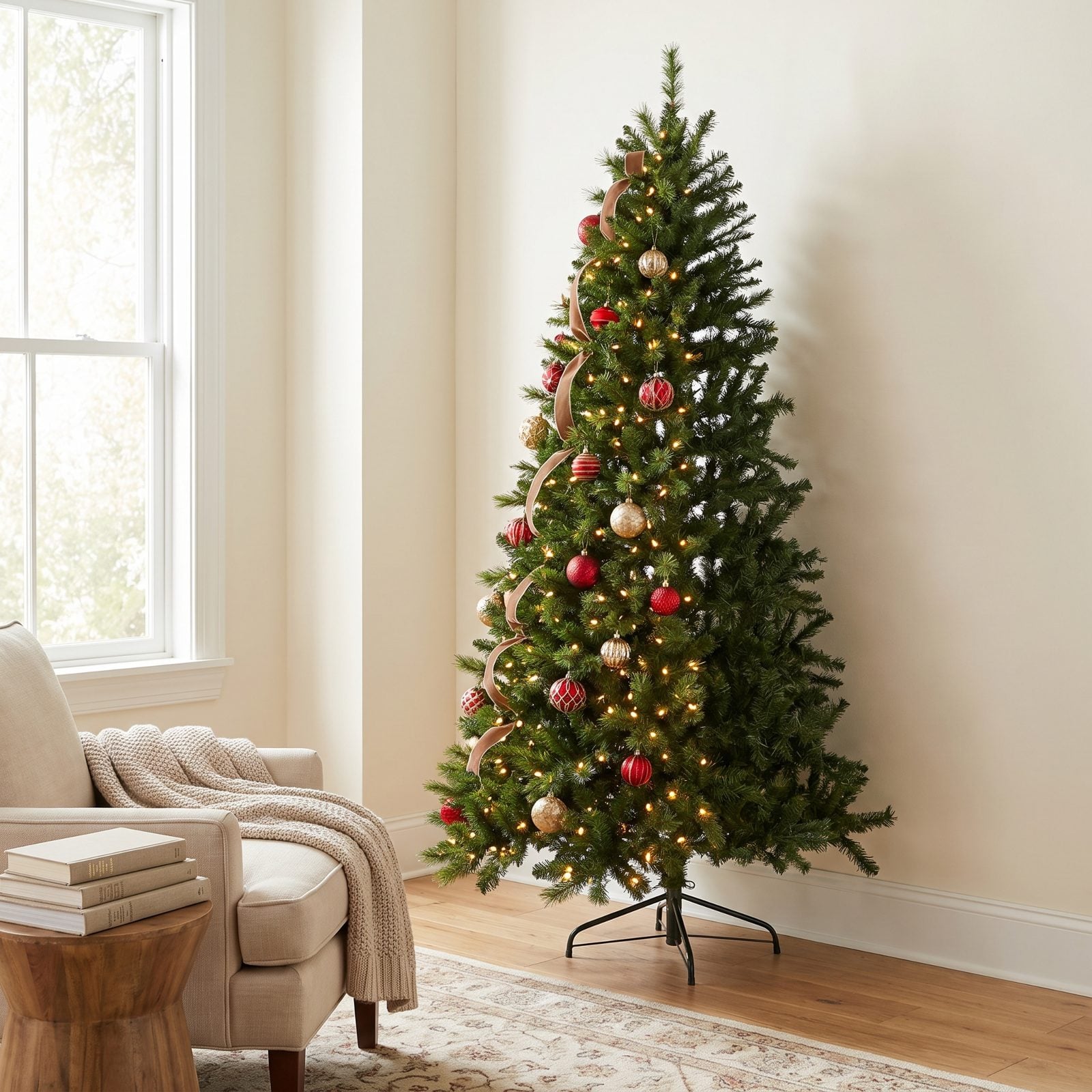 Corner Christmas tree fully fluffed at the front with the back quarter still flattened and folded inward from the box.