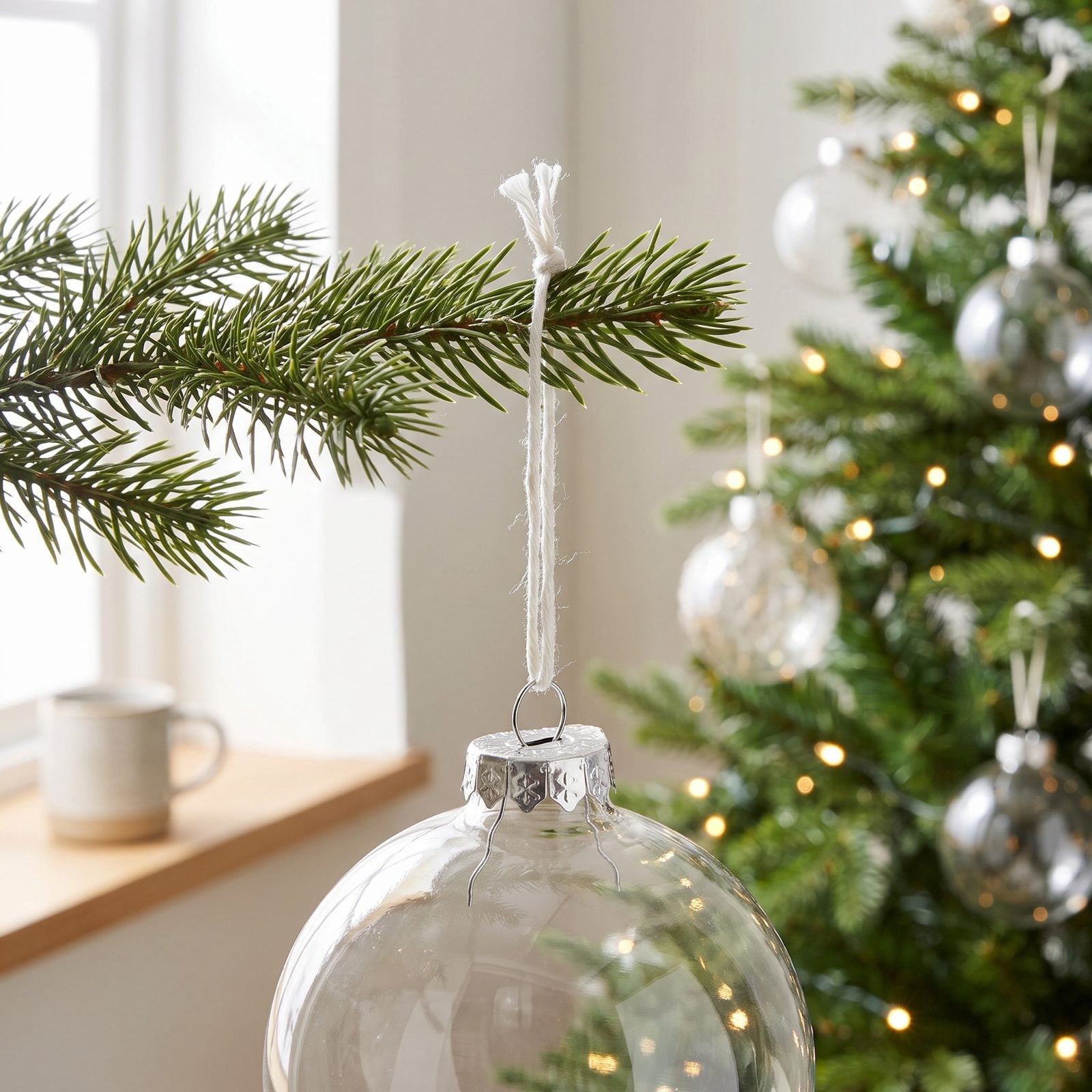 Close view of ornaments hanging from visible metal caps, knotted white string, and gold hooks poking out.