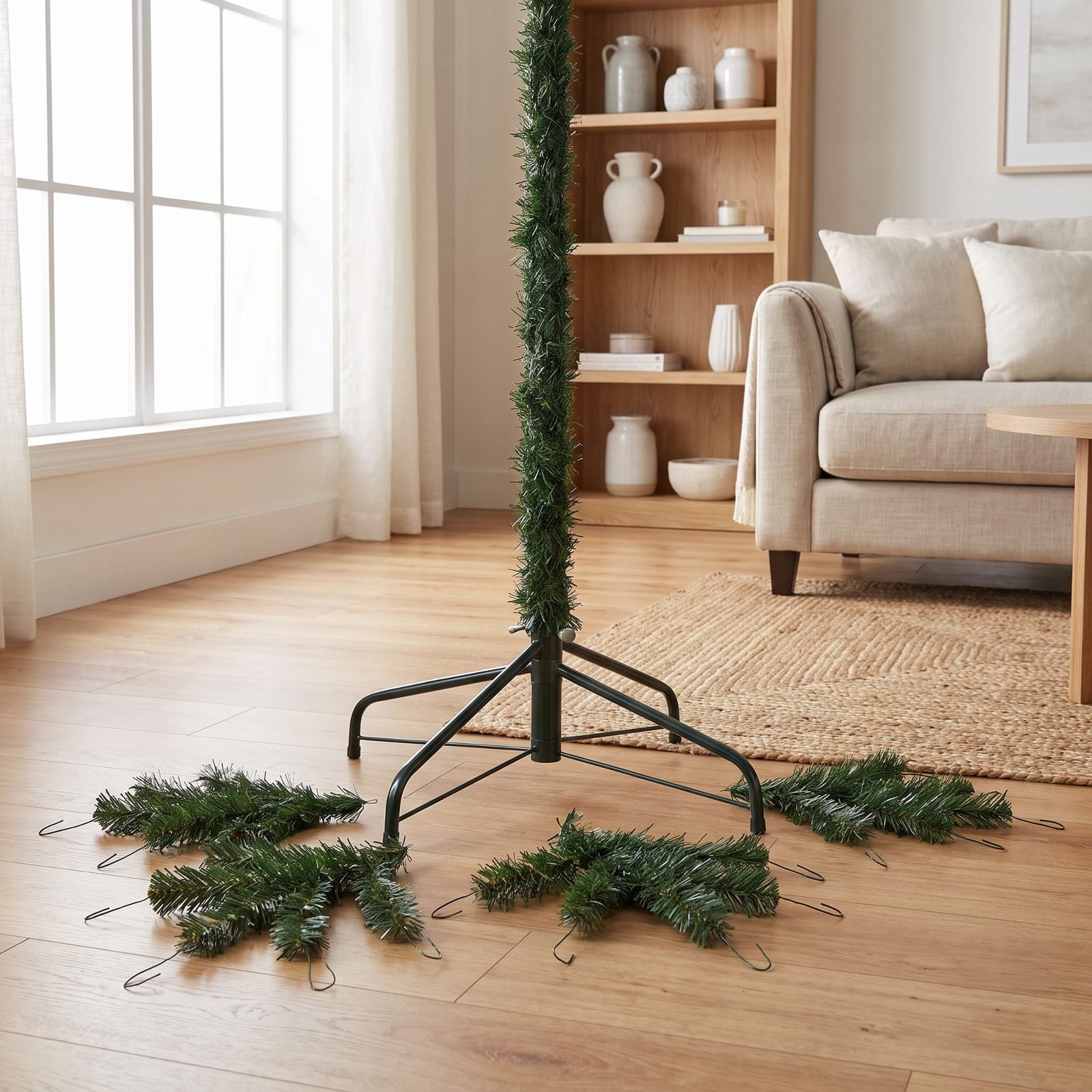 Base of an artificial tree with the bottom branches crushed and bent sideways, exposing the plastic stand legs.
