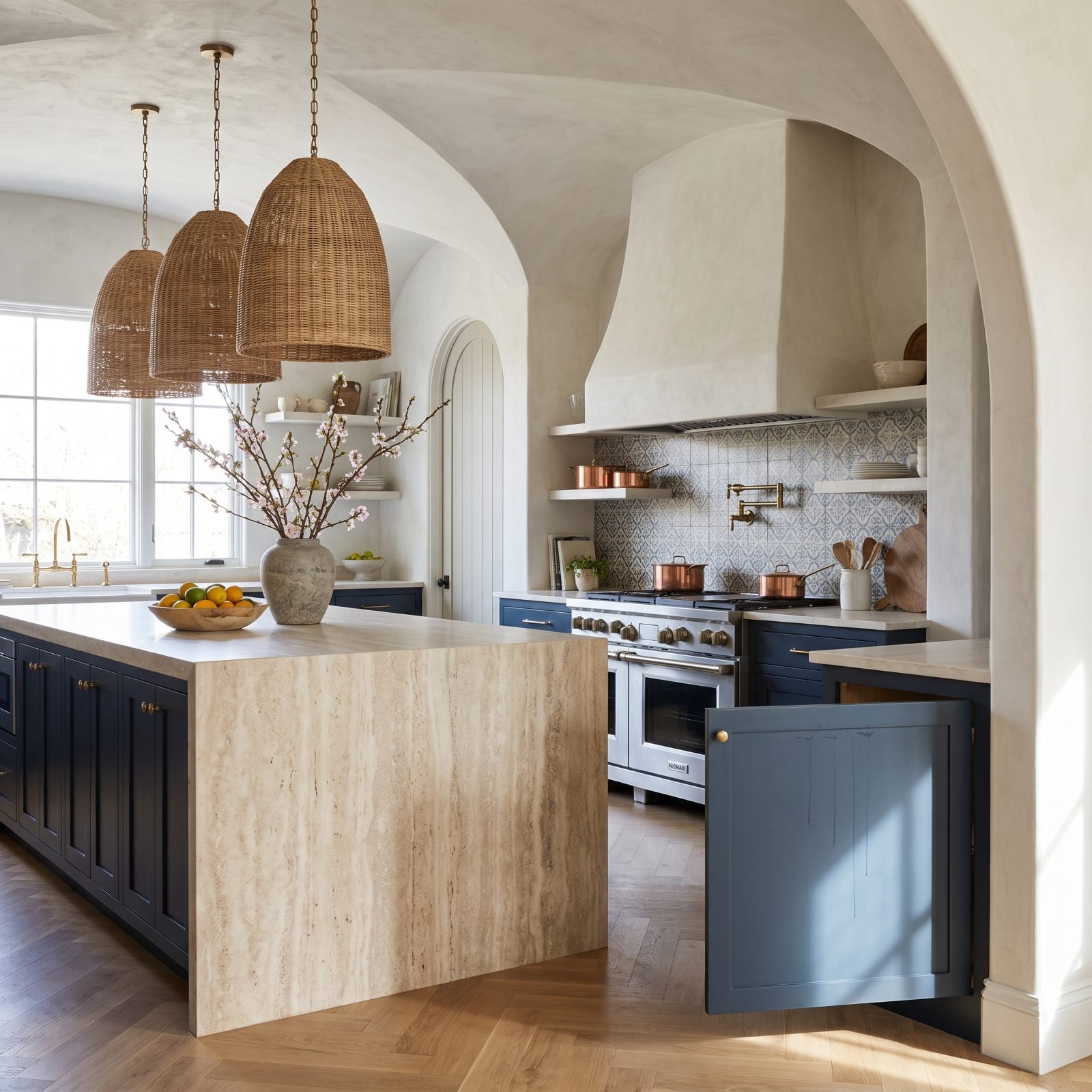 Kitchen cabinet doors painted while still hanging, showing vertical drip runs and paint pooled near the hinges.