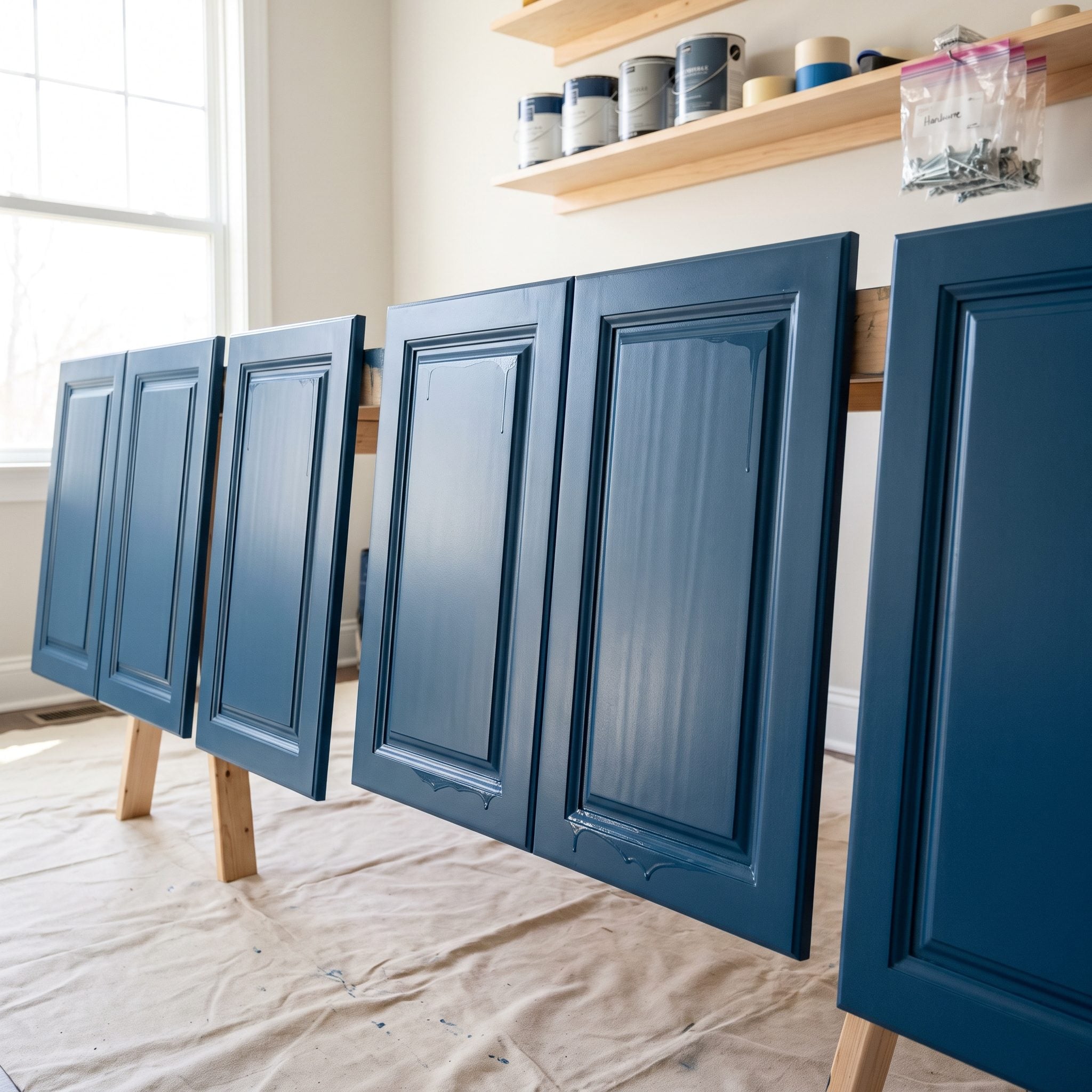 Deep-blue cabinet doors standing upright while drying, with paint runs and sags descending from the panel corners.