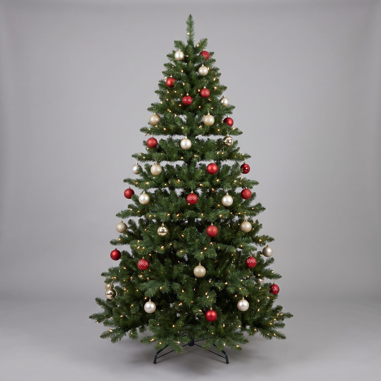 Slim artificial tree with perfectly even horizontal gaps of empty space between each branch tier.