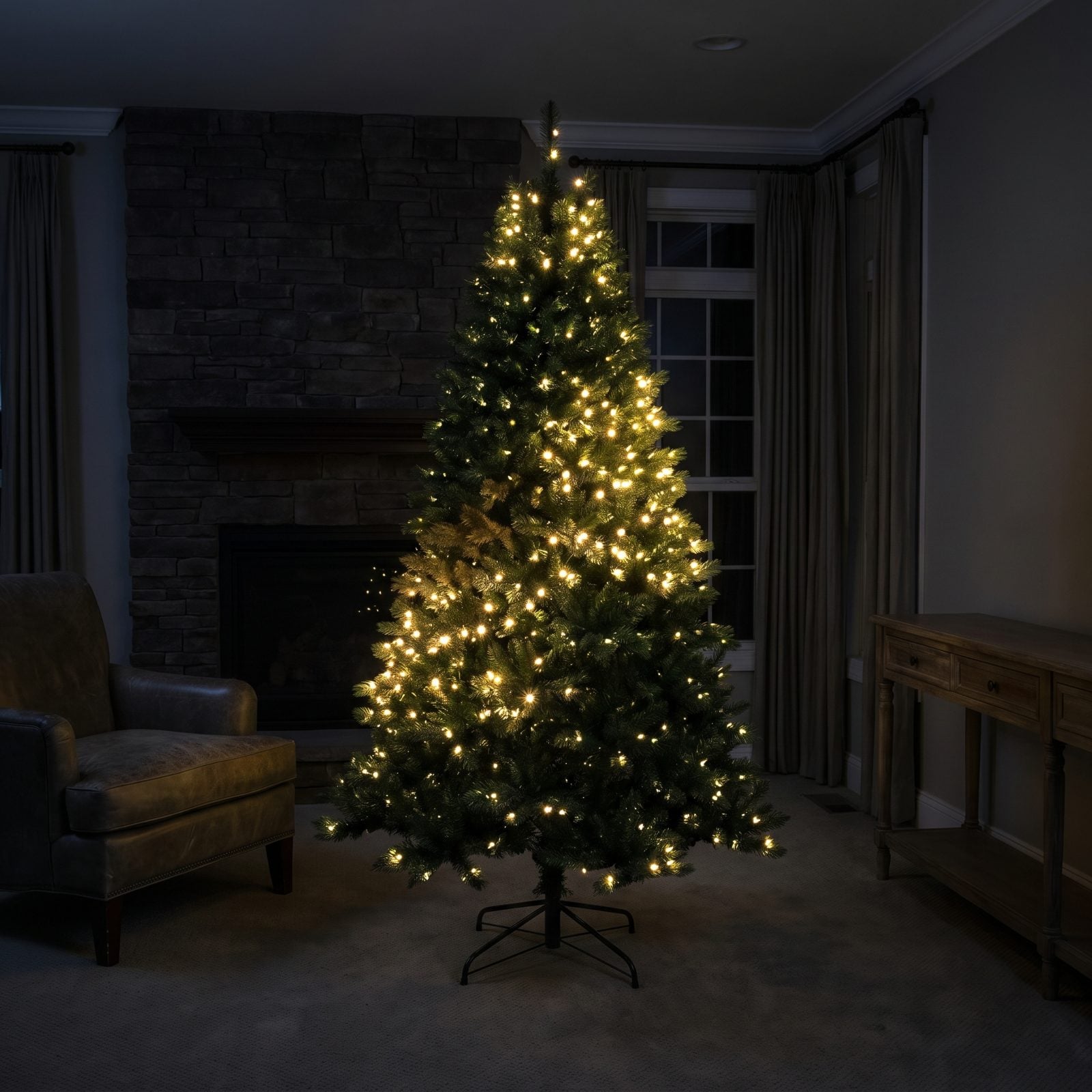 Pre-lit tree with a dimmer horizontal band across the middle where a light section has faded.