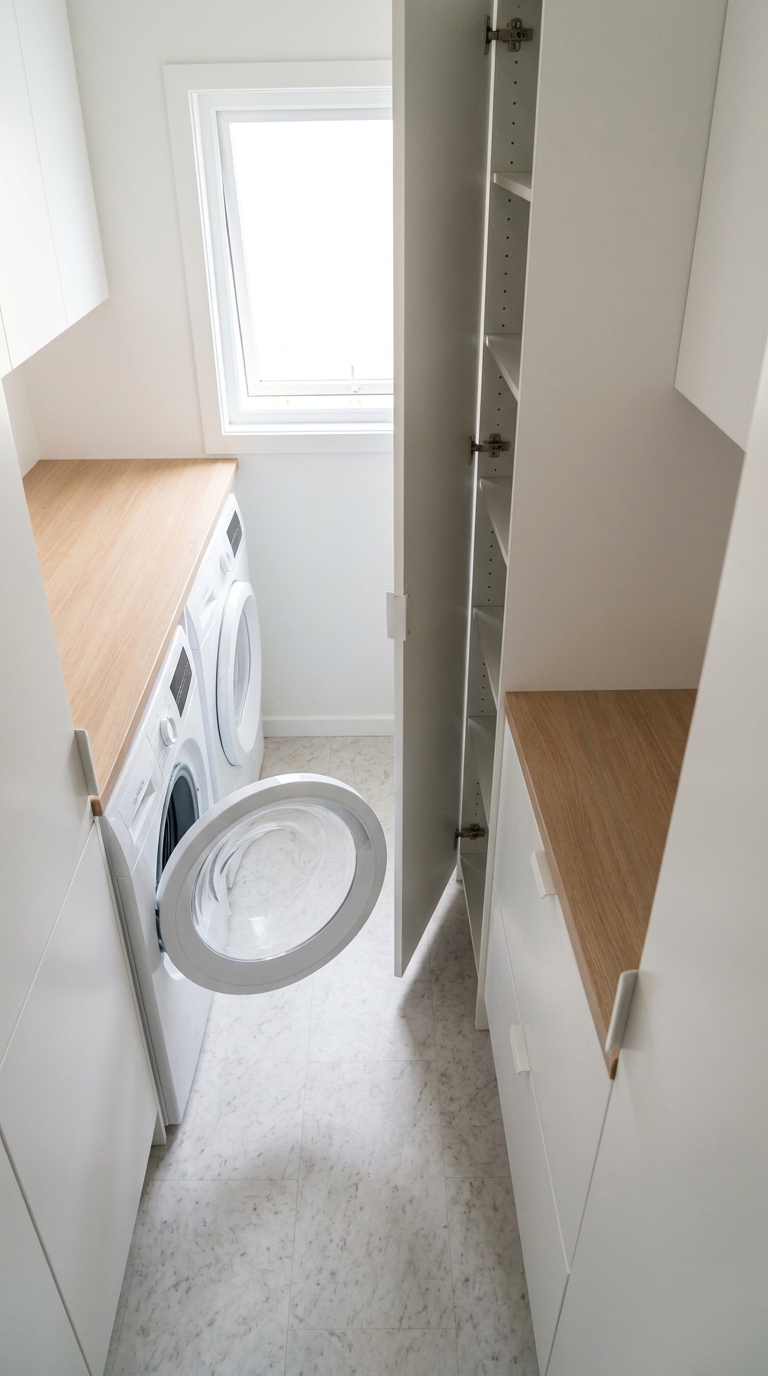 Narrow navy galley laundry room where the open washer door nearly touches the cabinets across the aisle.