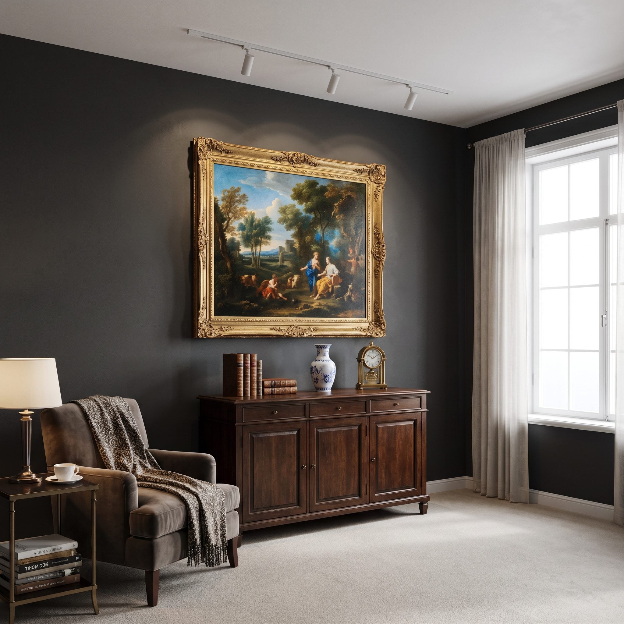 Oxblood living room with a brass-framed painting above the sofa