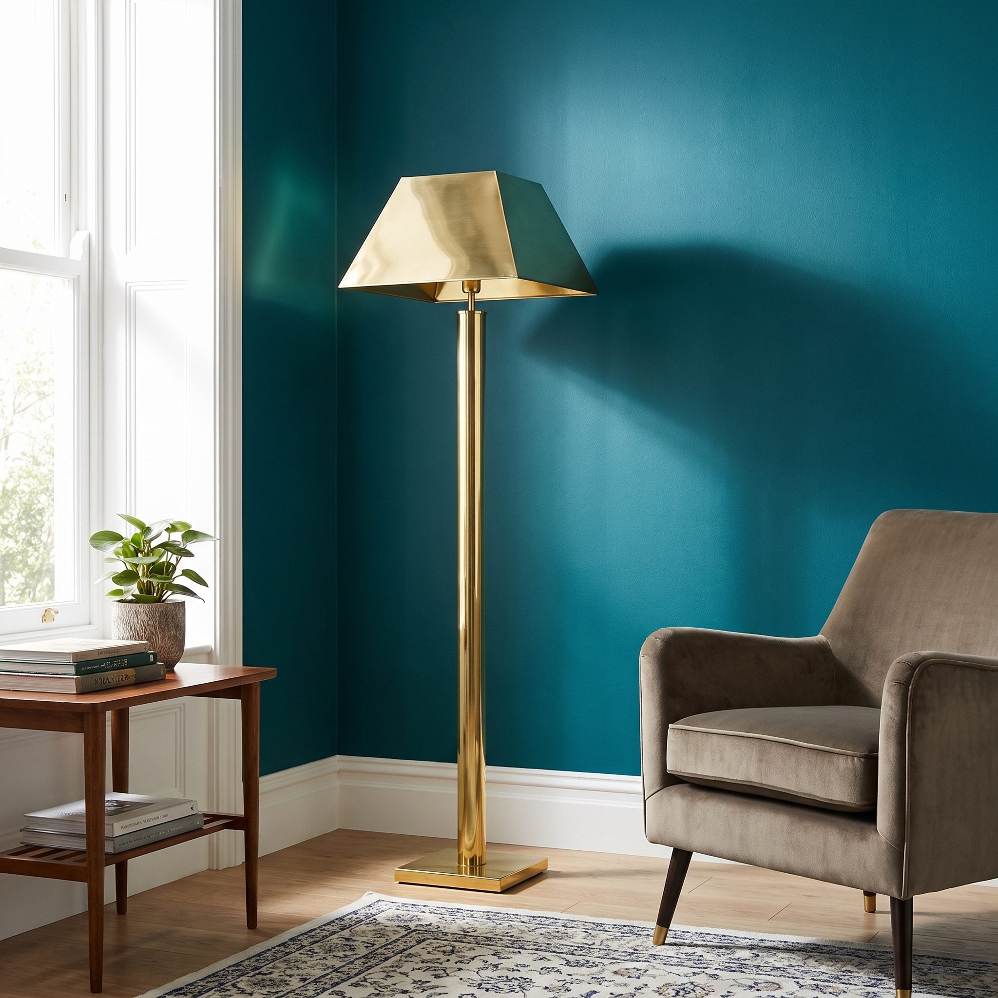 Charcoal living room with brass lighting, picture frames, and a brass-and-glass coffee table