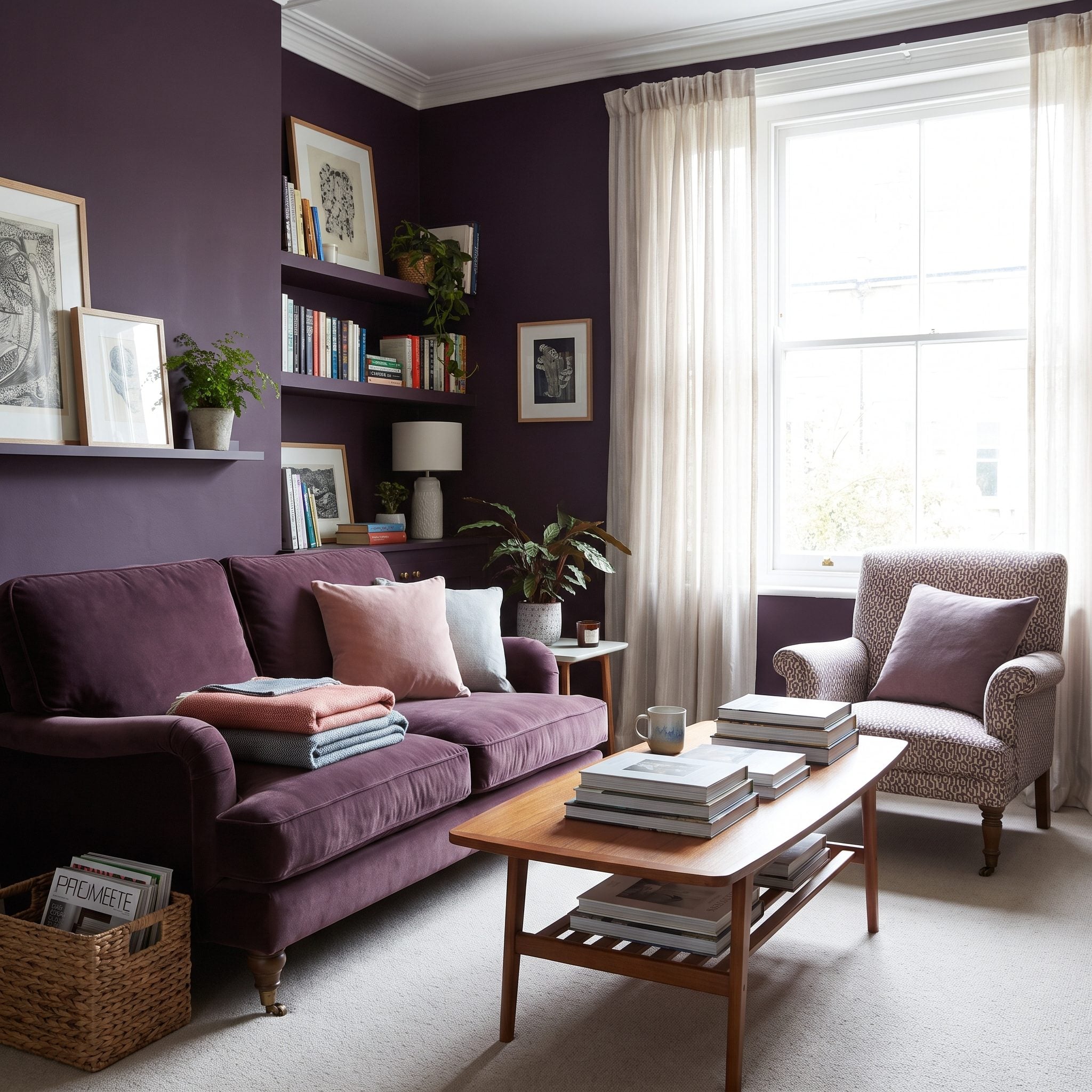 Small living room with matte aubergine walls and pale furnishings